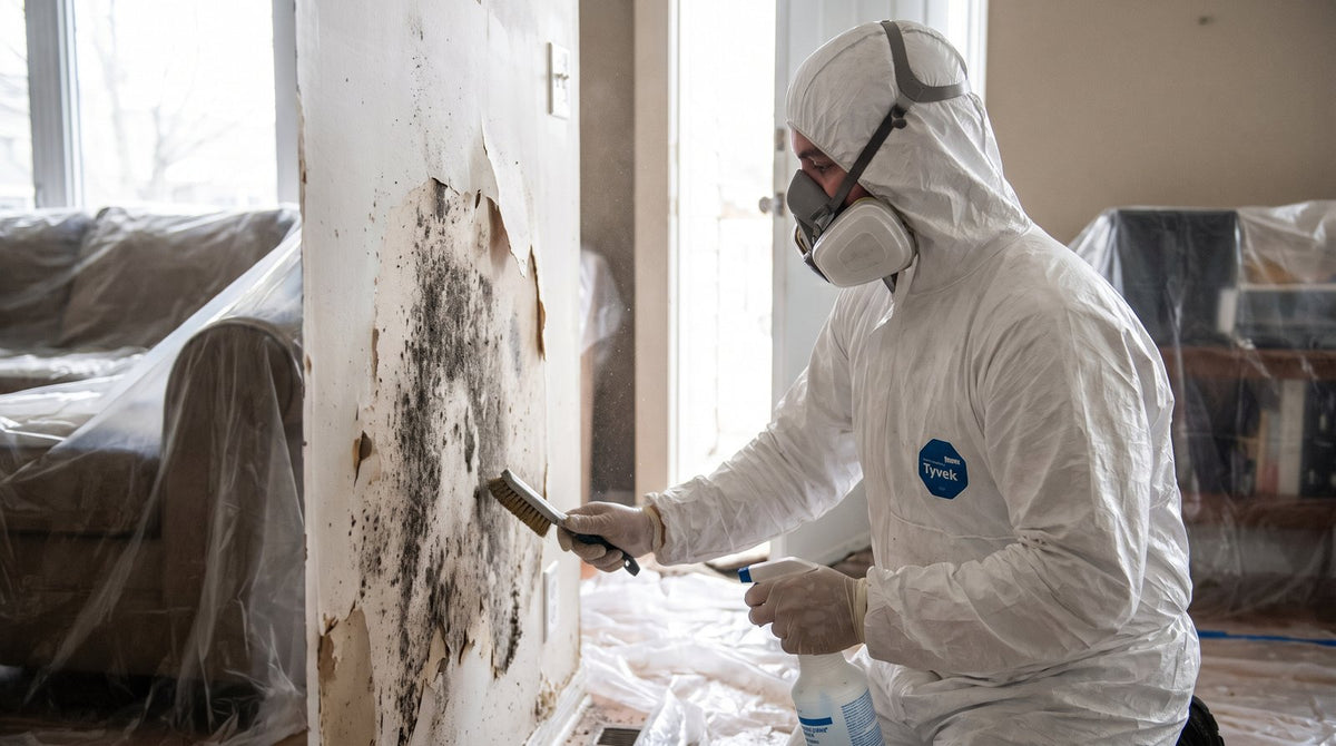 A mold remediation technician in protective coveralls and respirator cleaning a mold-damaged interior wall of a home