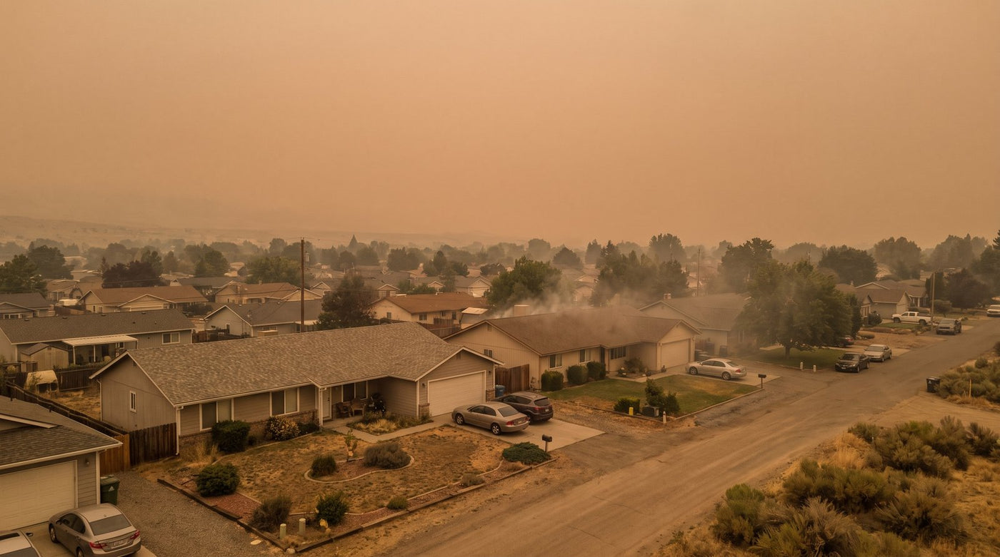 A residential neighborhood under a hazy orange sky with distant wildfire smoke, homes in the foreground