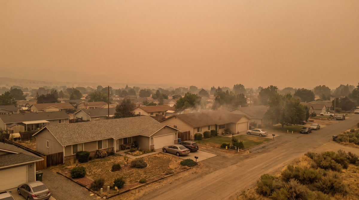A residential neighborhood under a hazy orange sky with distant wildfire smoke, homes in the foreground