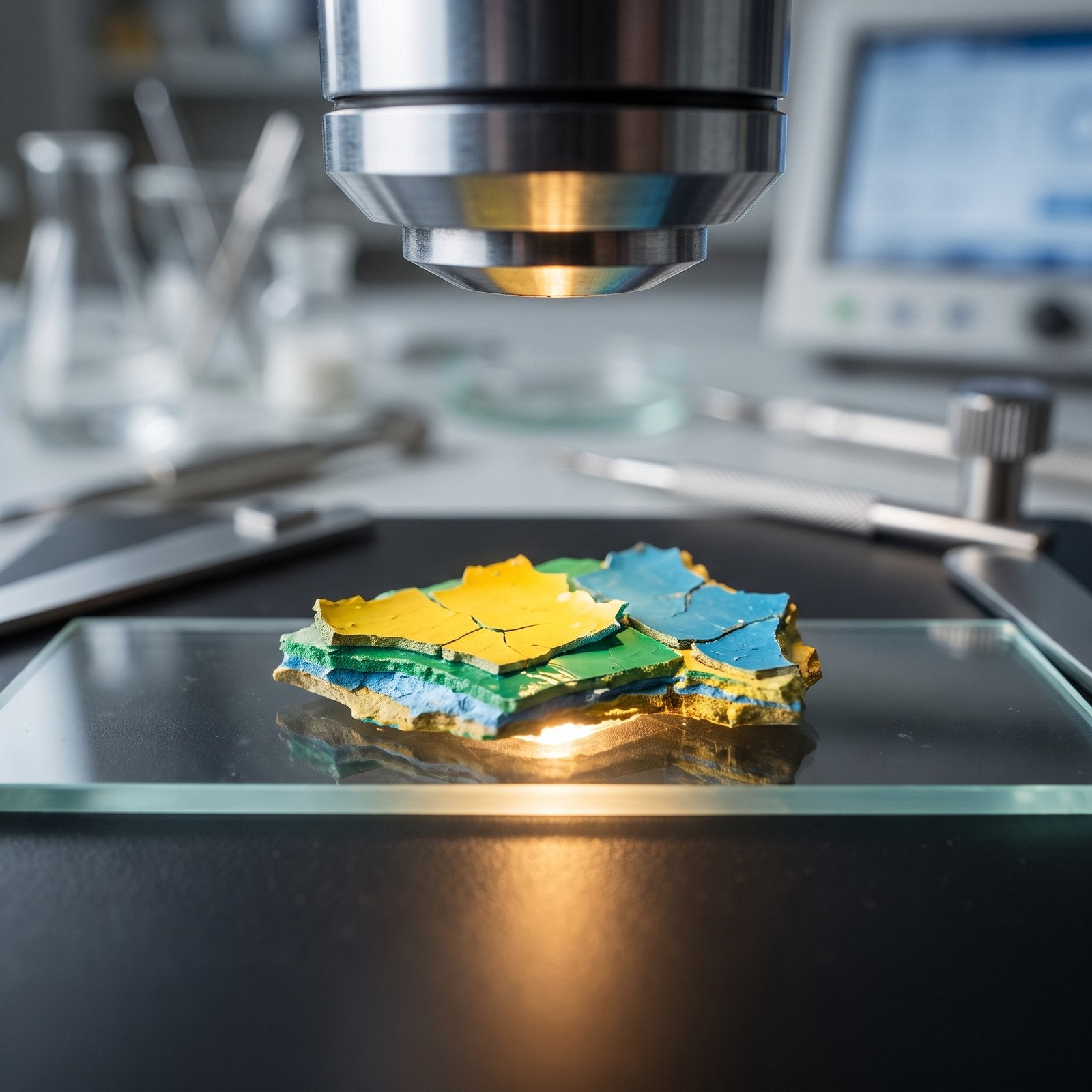 Colorful layered lead paint chip being analyzed under a laboratory microscope