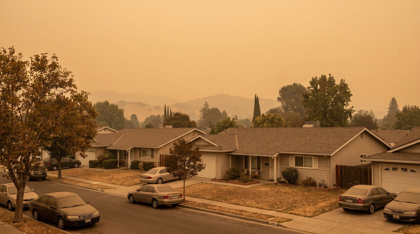 A residential neighborhood under a hazy orange sky with distant wildfire smoke, homes in the foreground