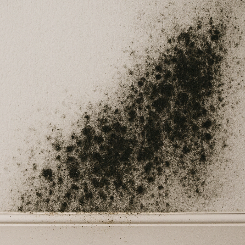 Black visible mold on lower drywall, slightly above the wood baseboard