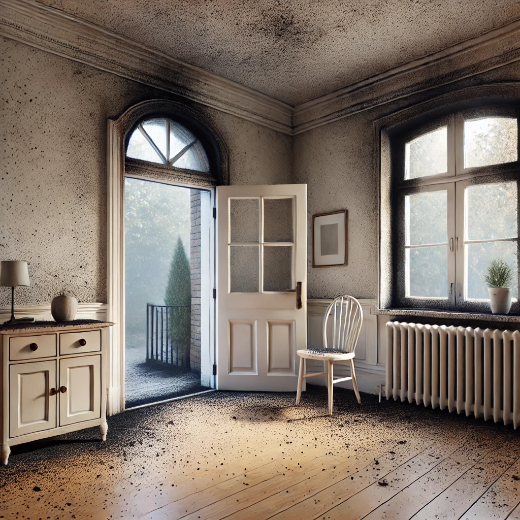 soot contamination on furniture, window sills, and walls near an open doorway and window.