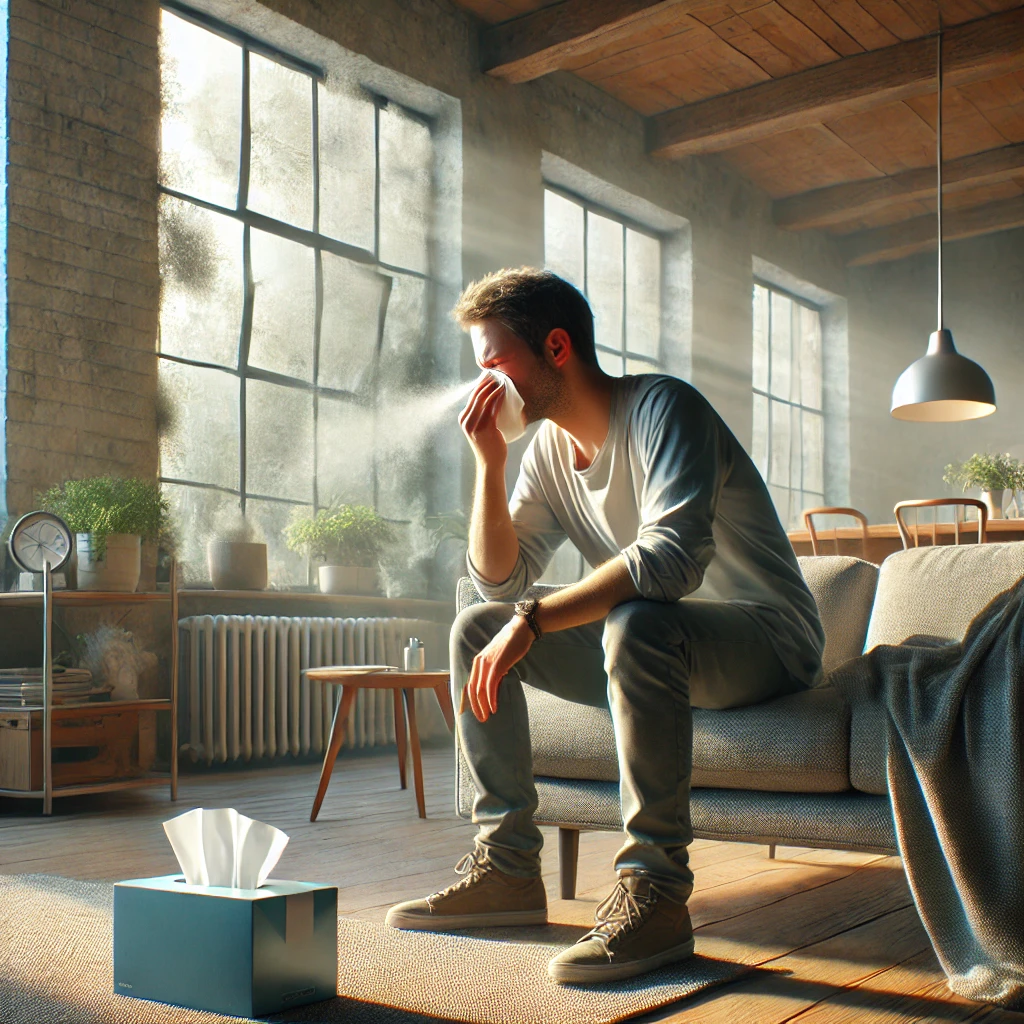 human experiencing allergy symptoms in a clean, modern, well-lit living room with only a subtle hint of mold near a window.