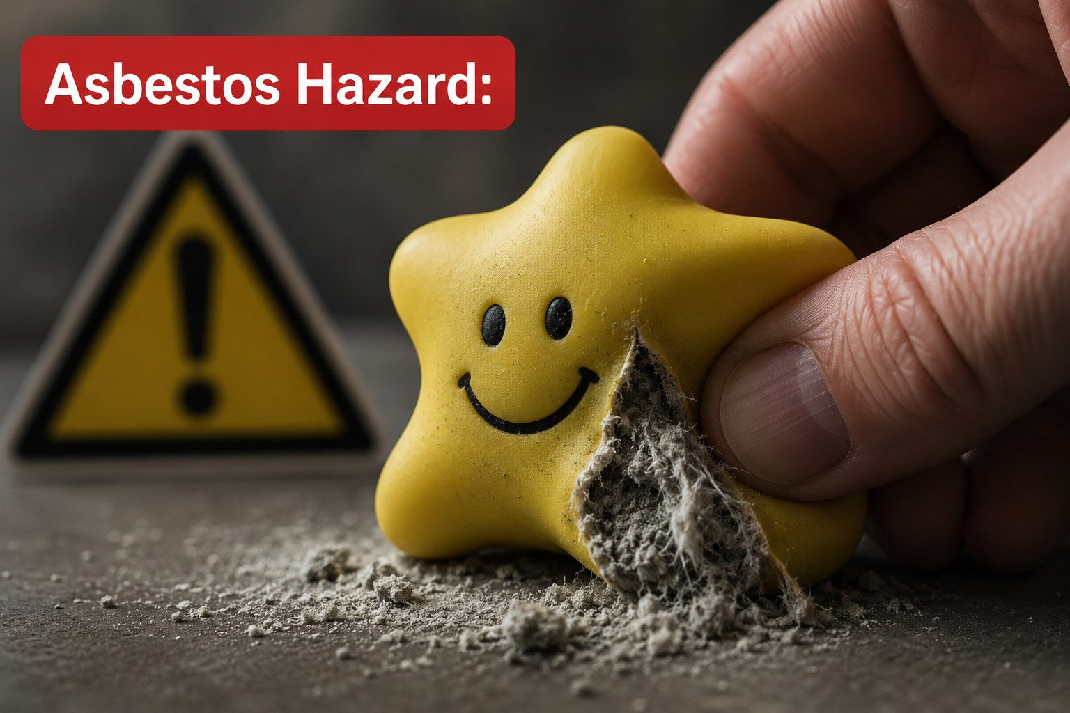 Broken star-shaped squeeze toy releasing asbestos fibers next to a hazard warning sign