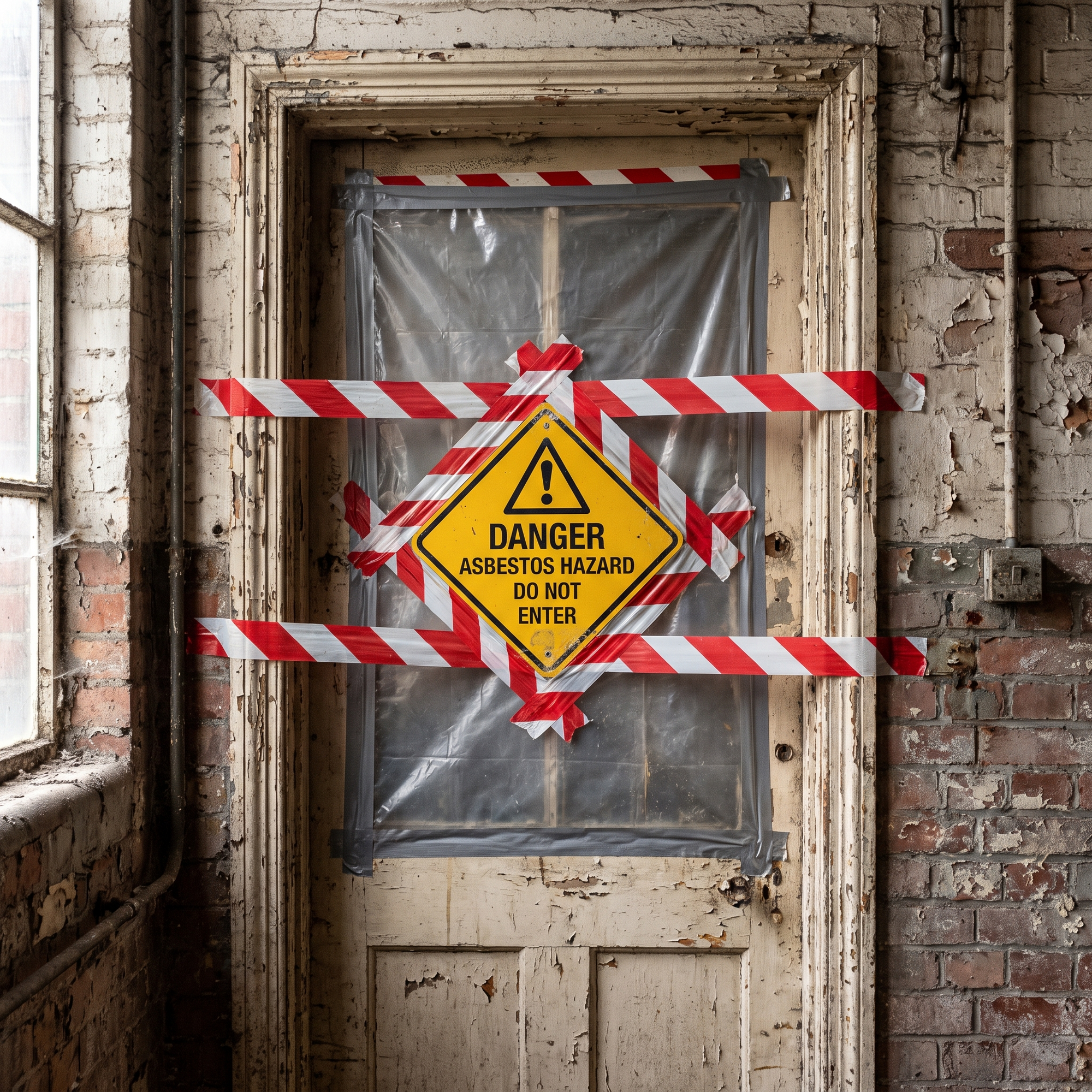 A yellow asbestos hazard warning sign taped across a sealed doorway in an older building