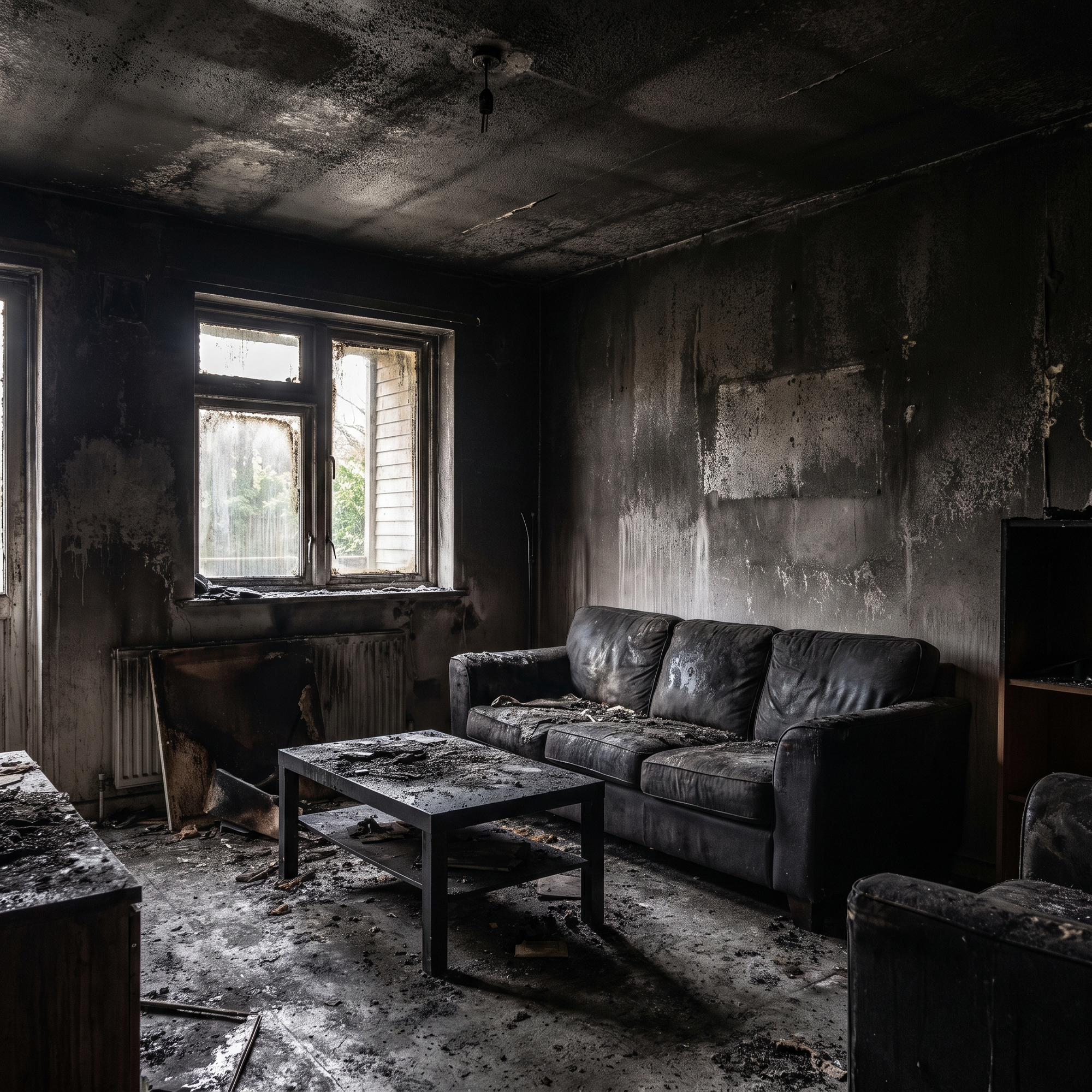 The interior of a home coated in black soot and smoke residue after a house fire, darkened walls and ceiling