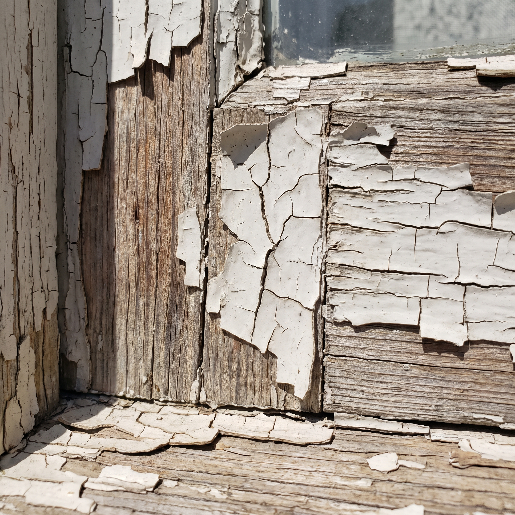 A close-up of cracked, peeling old lead paint alligatoring on a wooden window frame of a vintage home