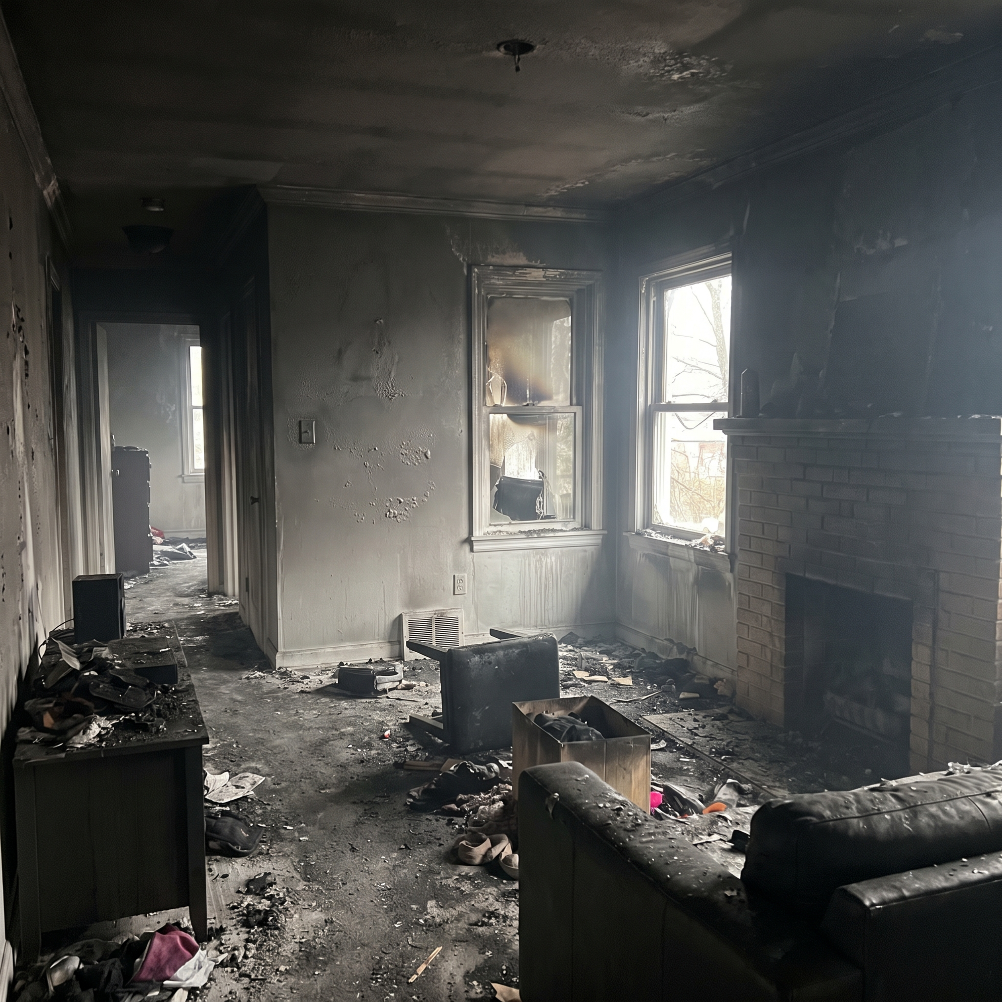 The interior of a home coated in black soot and smoke residue after a house fire, darkened walls and ceiling