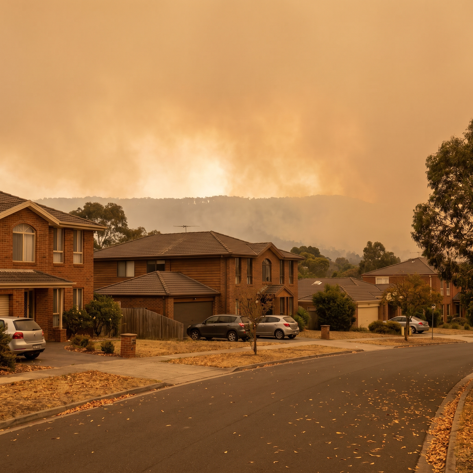A residential neighborhood under a hazy orange sky with distant wildfire smoke, homes in the foreground