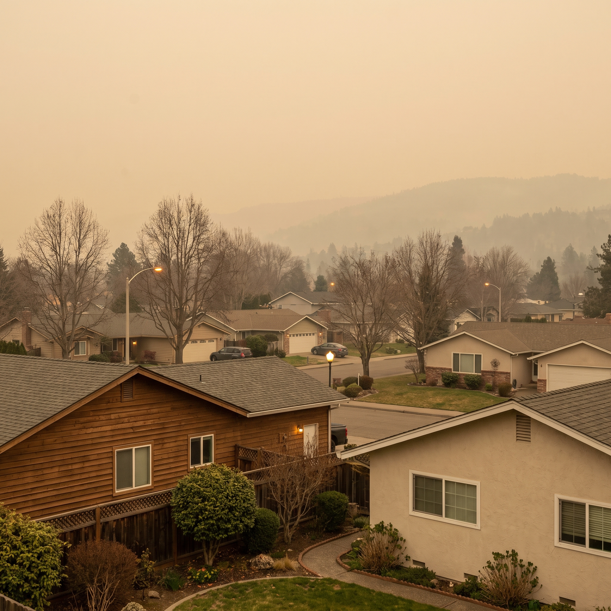 A residential neighborhood under a hazy orange sky with distant wildfire smoke, homes in the foreground