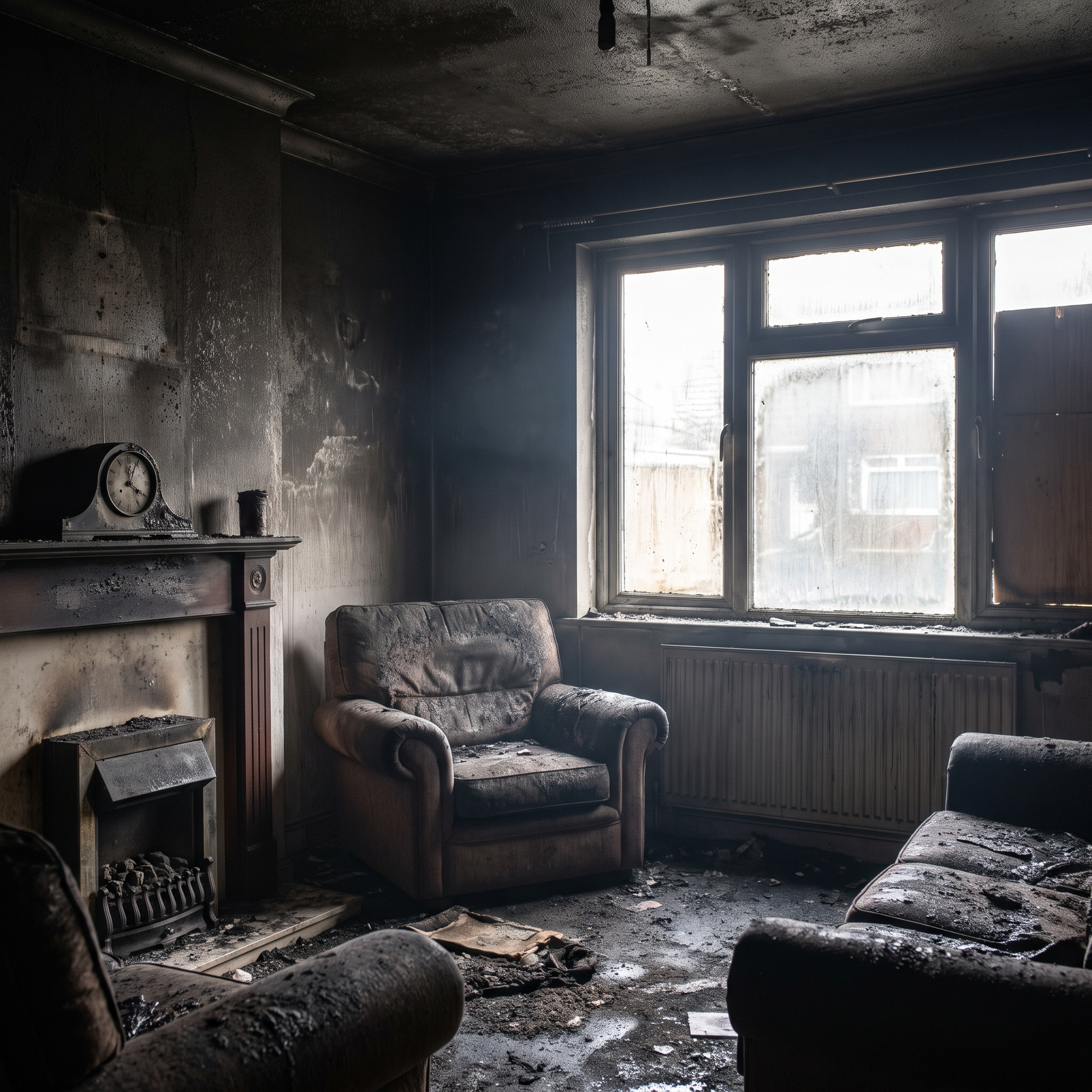 The interior of a home coated in black soot and smoke residue after a house fire, darkened walls and ceiling