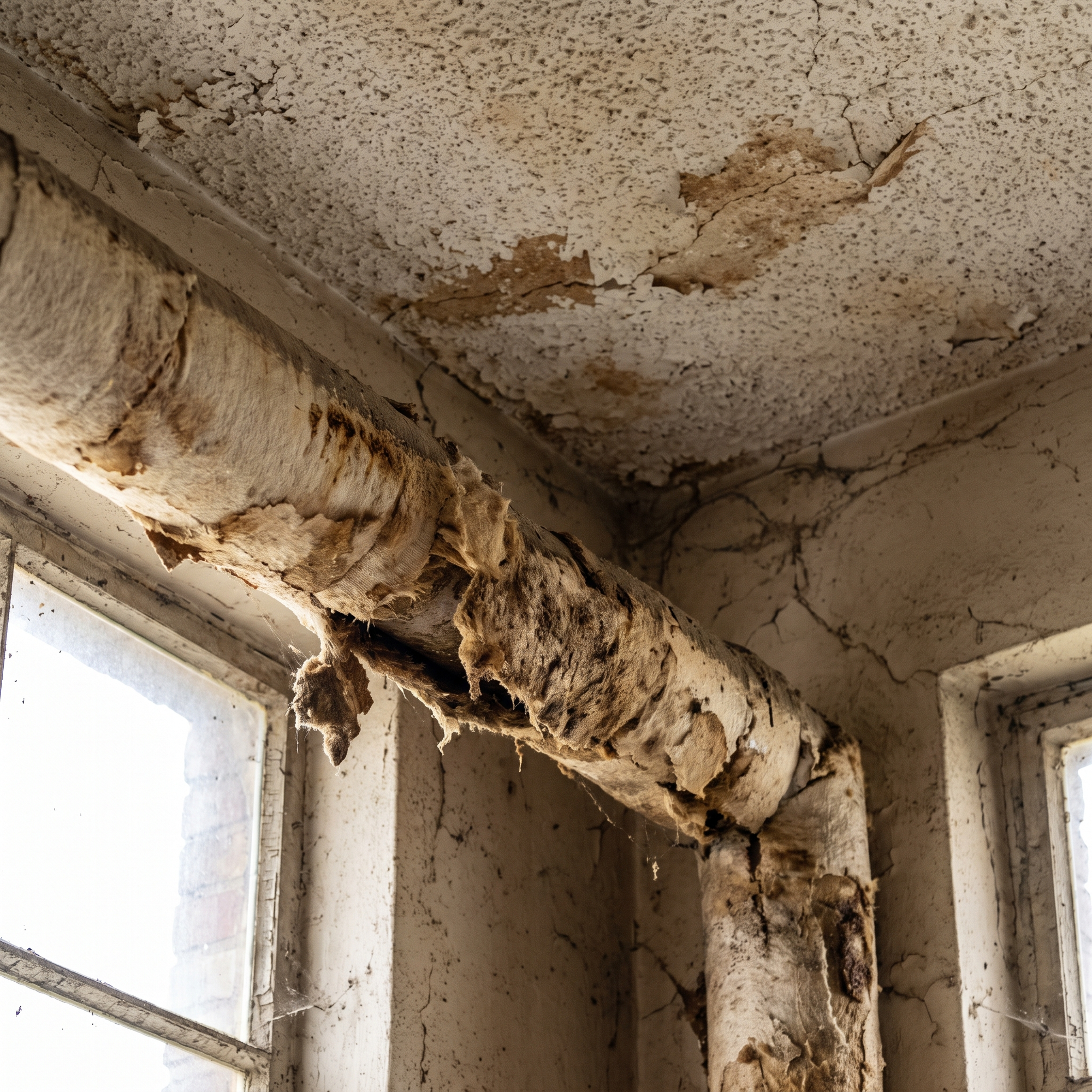 A close-up of aged asbestos-containing material such as old floor tile, pipe insulation or popcorn ceiling in an older b
