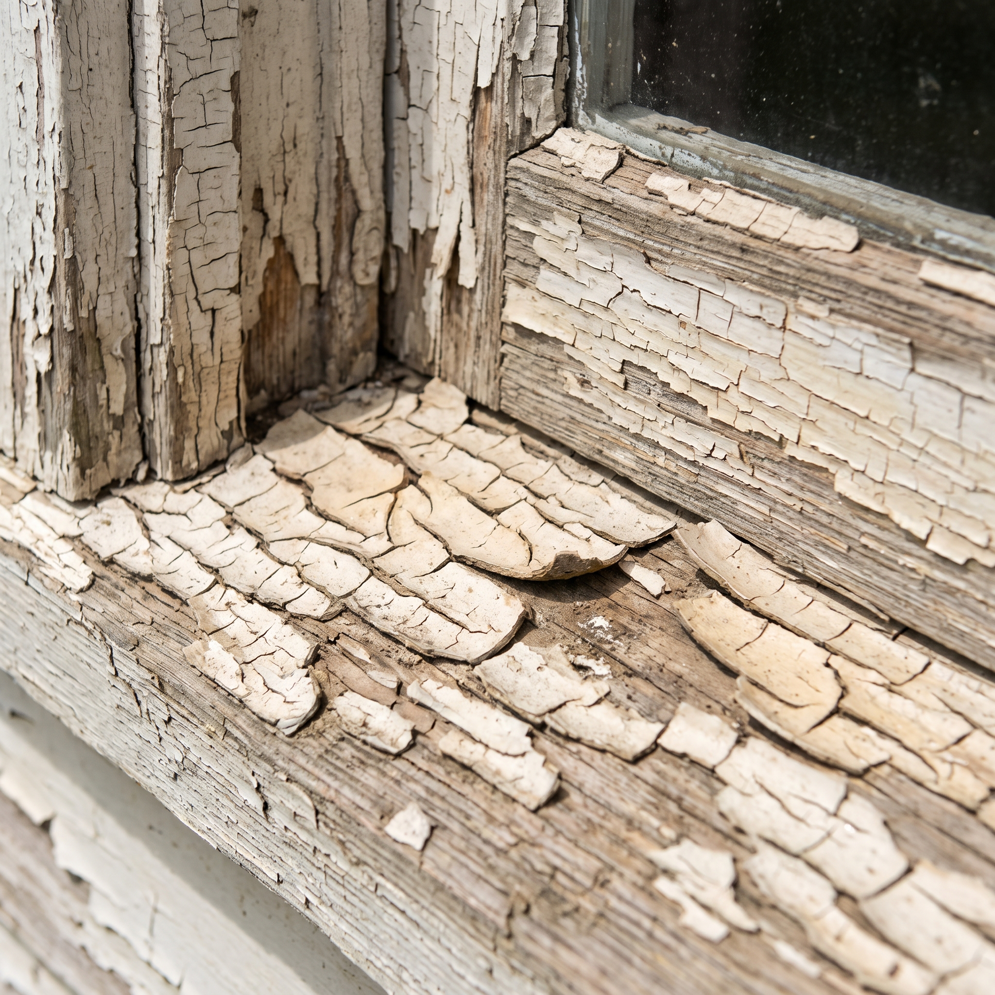 A close-up of cracked, peeling old lead paint alligatoring on a wooden window frame of a vintage home