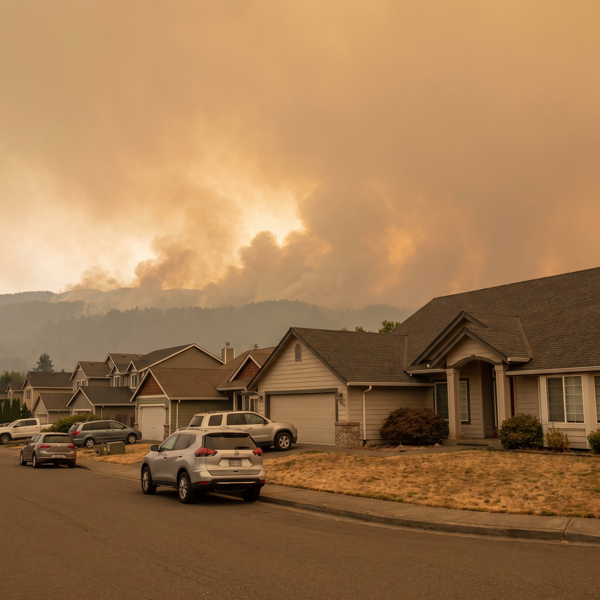 A residential neighborhood under a hazy orange sky with distant wildfire smoke, homes in the foreground