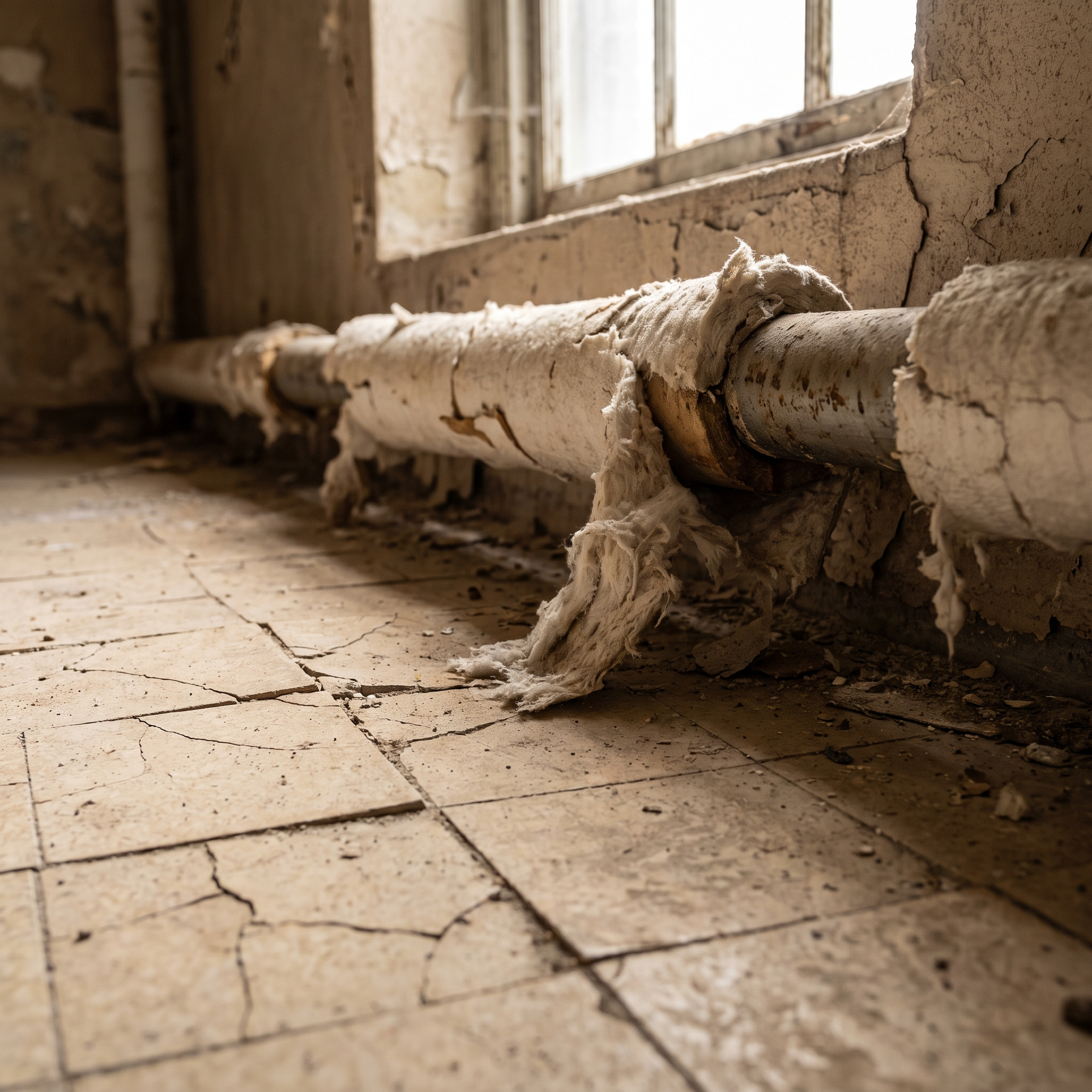 A close-up of aged asbestos-containing material such as old floor tile, pipe insulation or popcorn ceiling in an older b