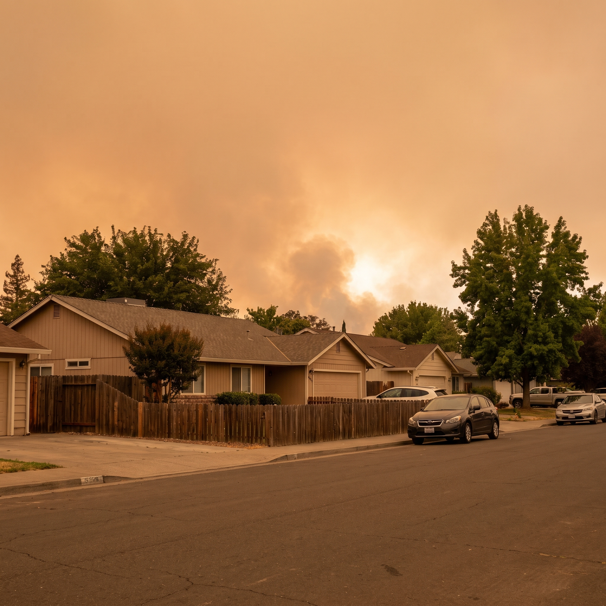 A residential neighborhood under a hazy orange sky with distant wildfire smoke, homes in the foreground