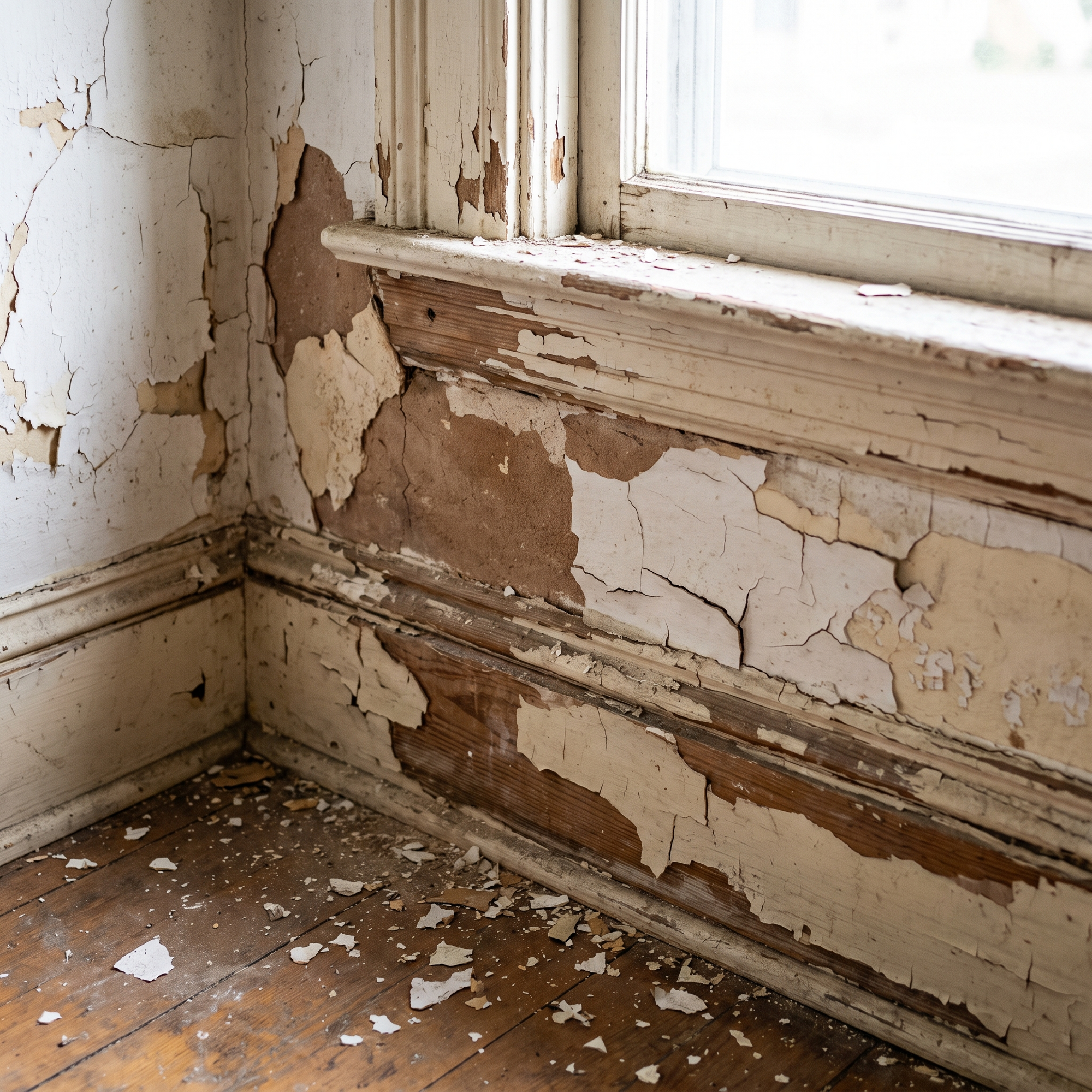 Peeling and chipping old paint on the interior wall and trim of an aging residential home