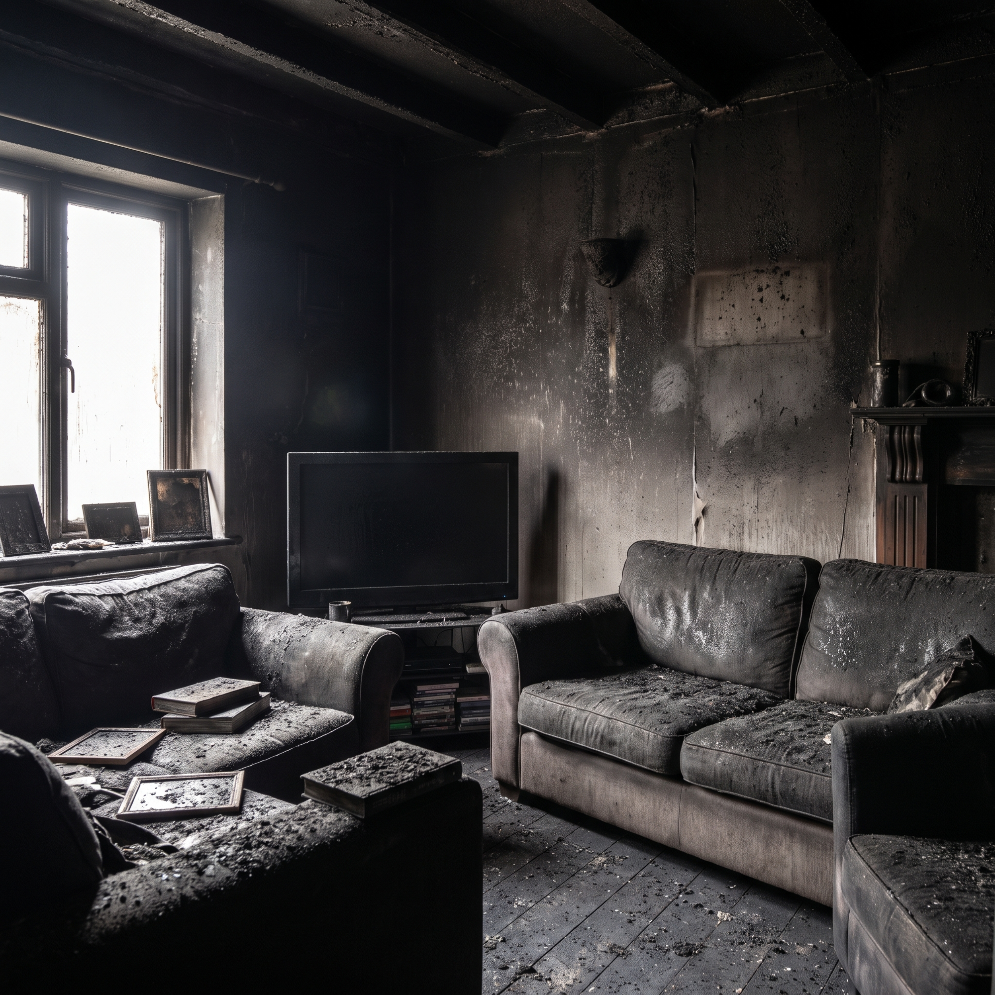 The interior of a home coated in black soot and smoke residue after a house fire, darkened walls and ceiling