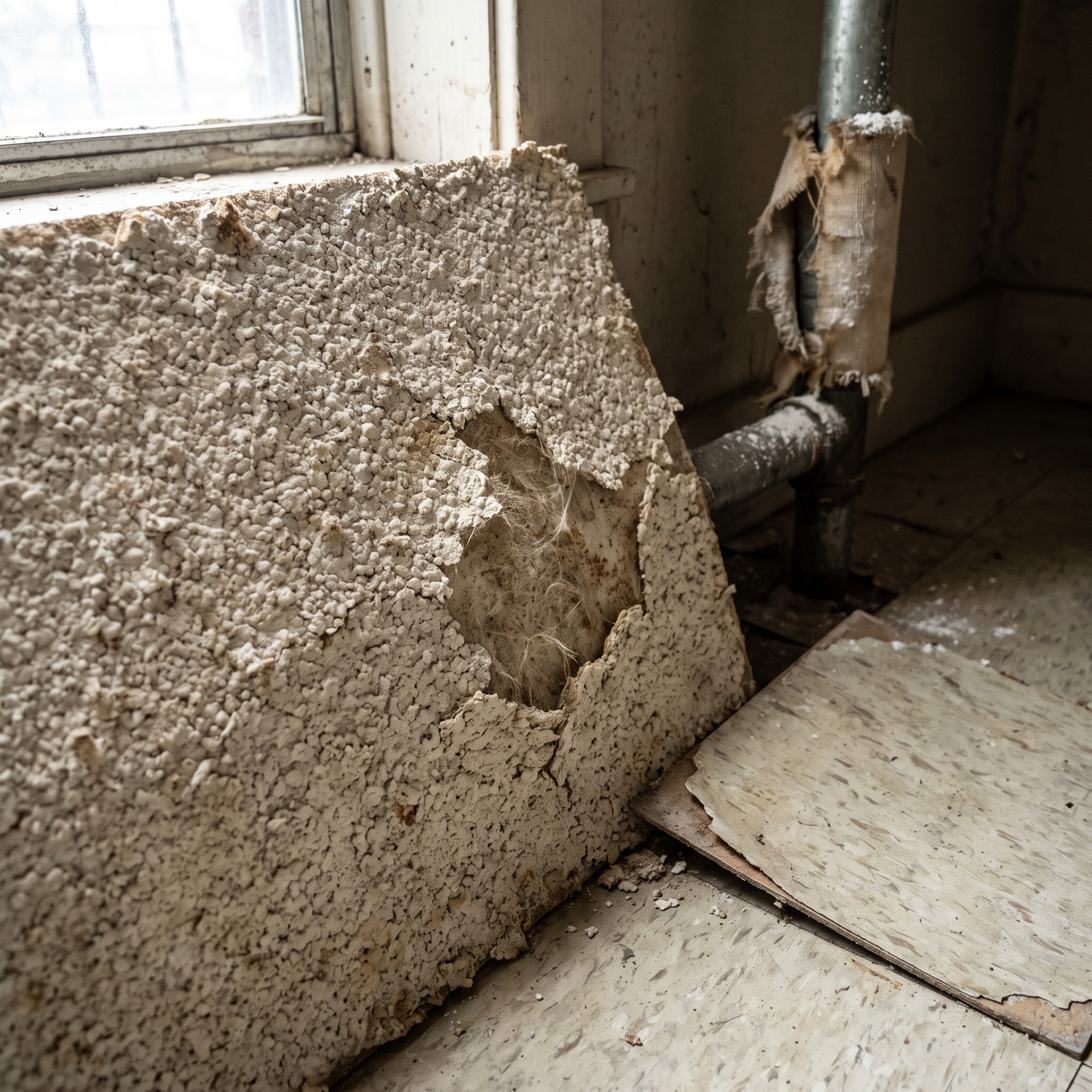 A close-up of aged asbestos-containing material such as old floor tile, pipe insulation or popcorn ceiling in an older b