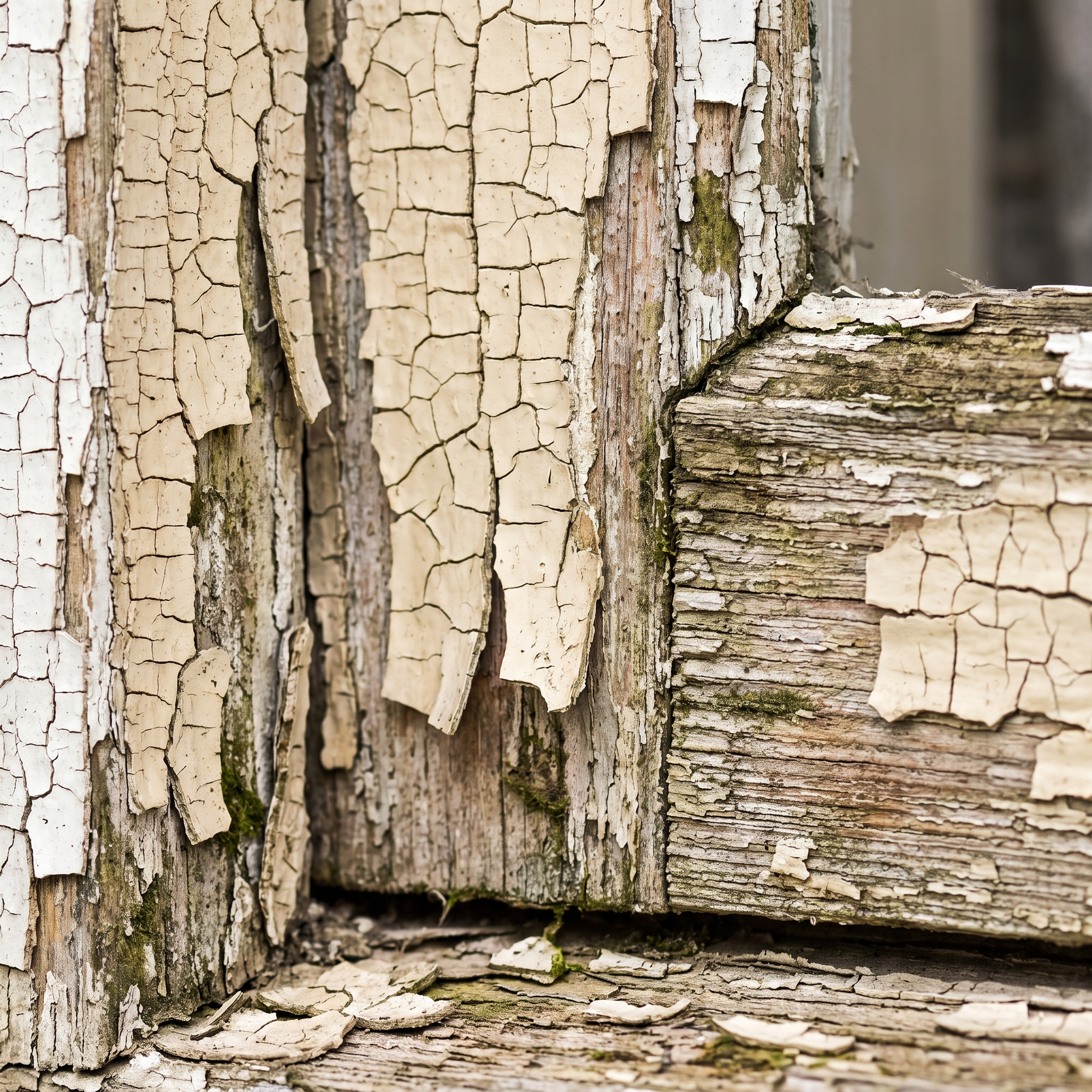 A close-up of cracked, peeling old lead paint alligatoring on a wooden window frame of a vintage home