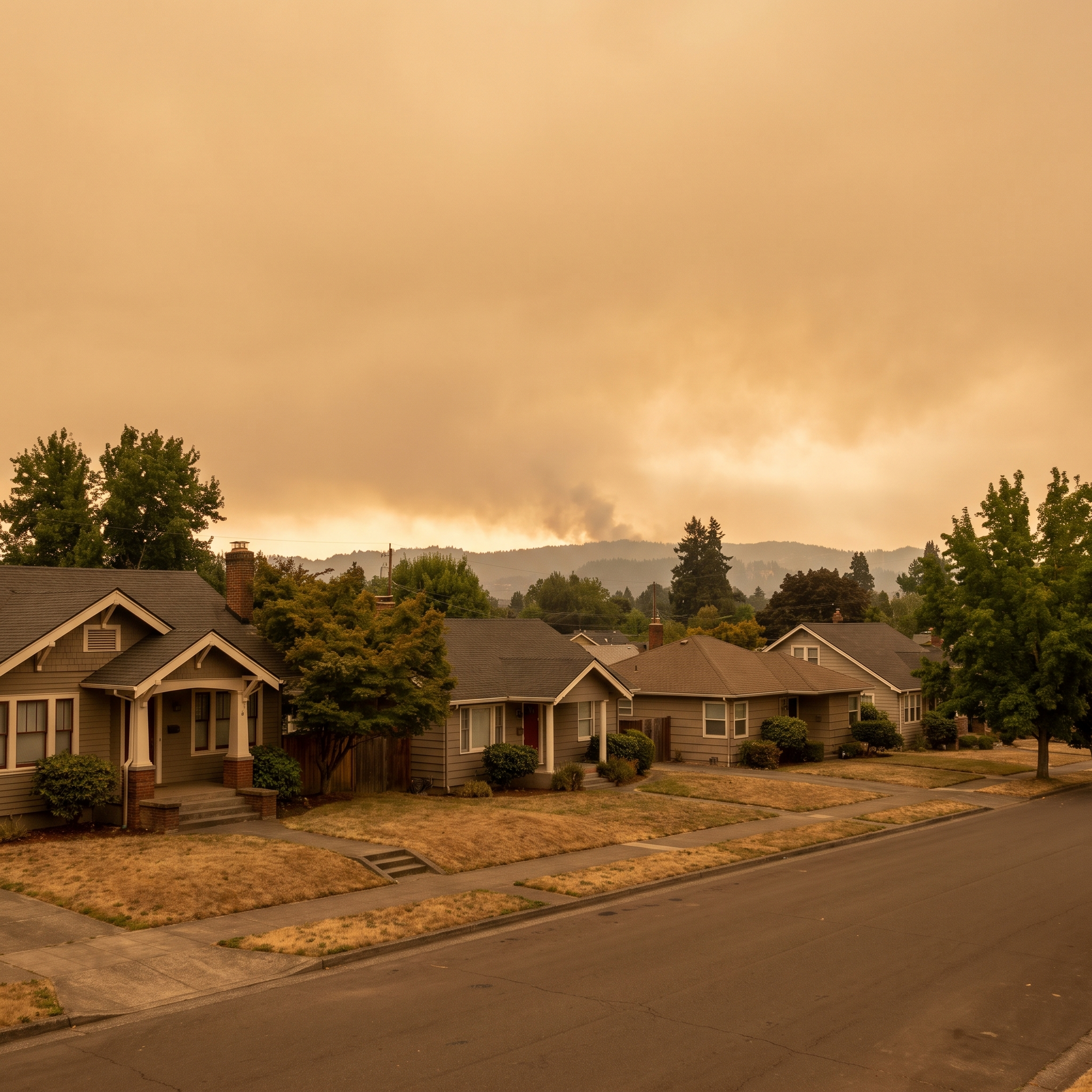 A residential neighborhood under a hazy orange sky with distant wildfire smoke, homes in the foreground