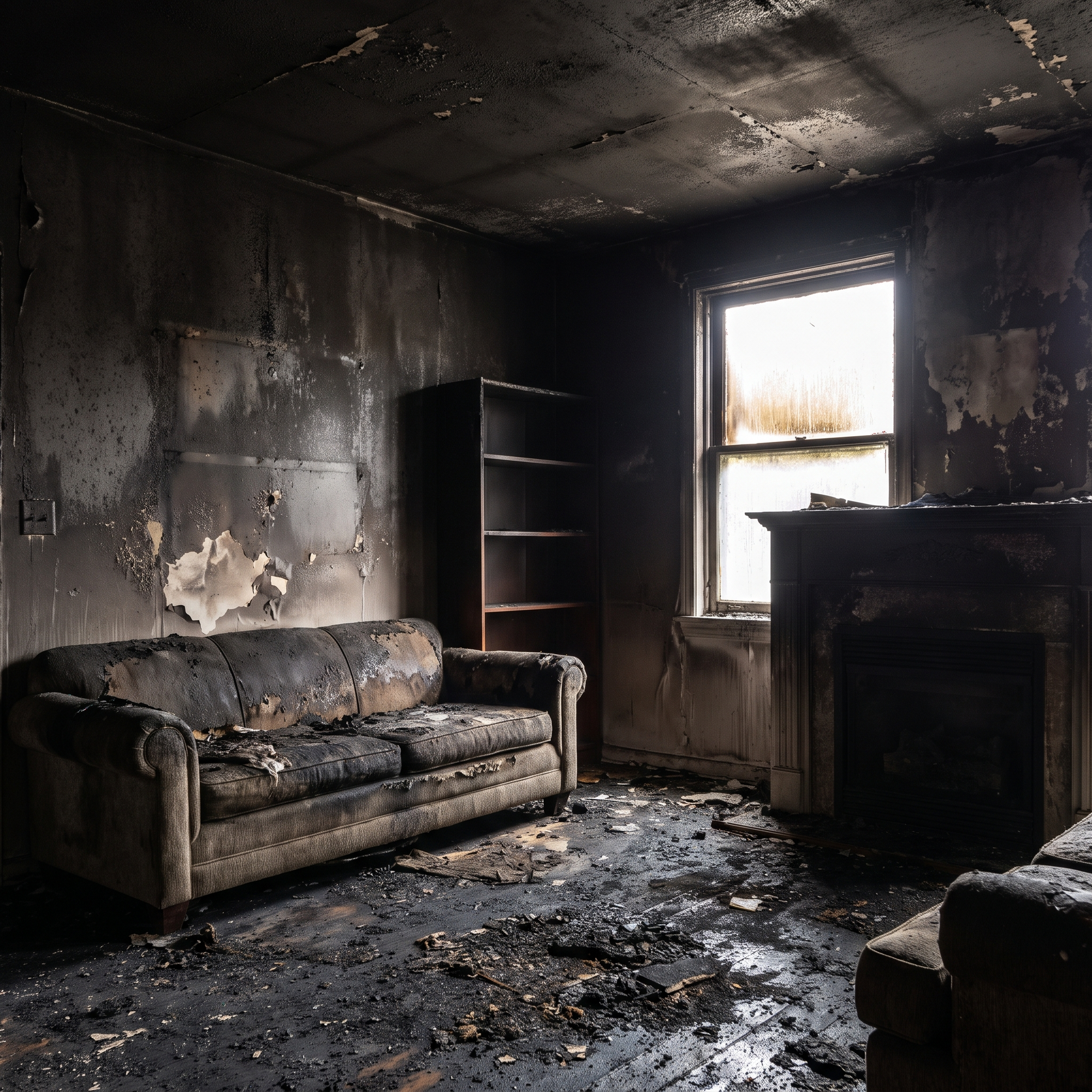 The interior of a home coated in black soot and smoke residue after a house fire, darkened walls and ceiling