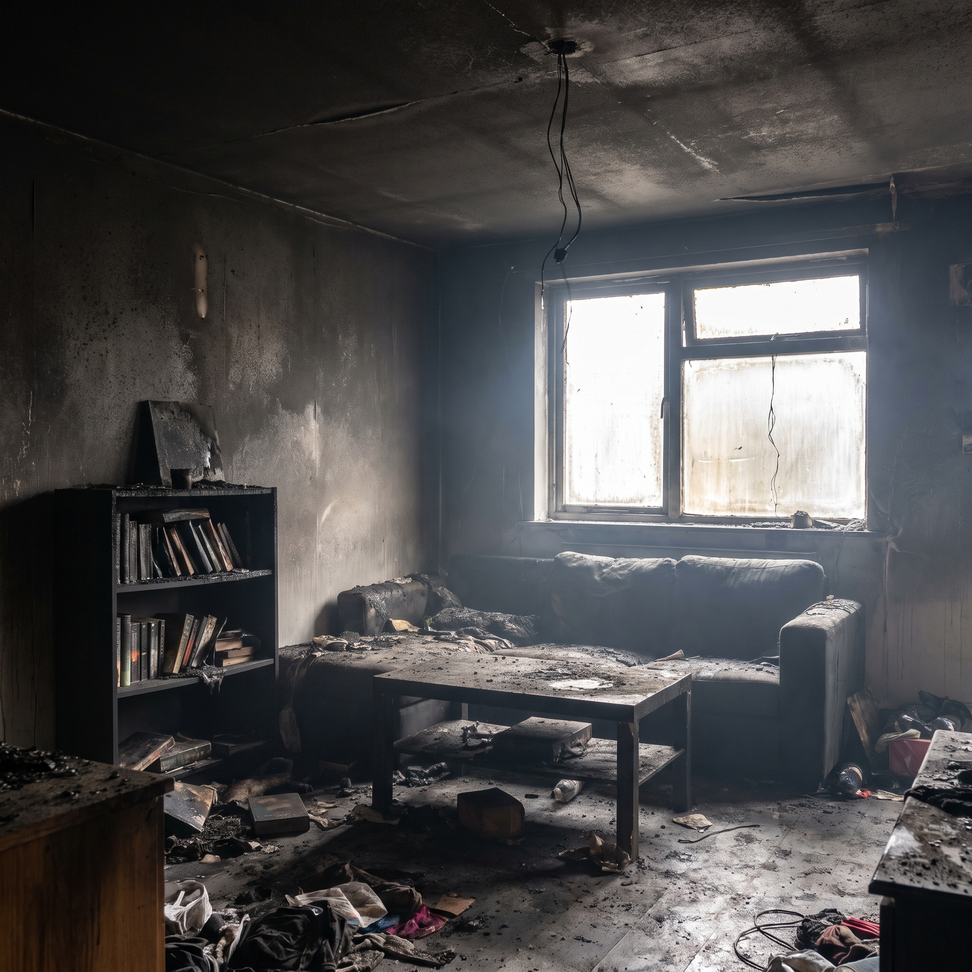 The interior of a home coated in black soot and smoke residue after a house fire, darkened walls and ceiling