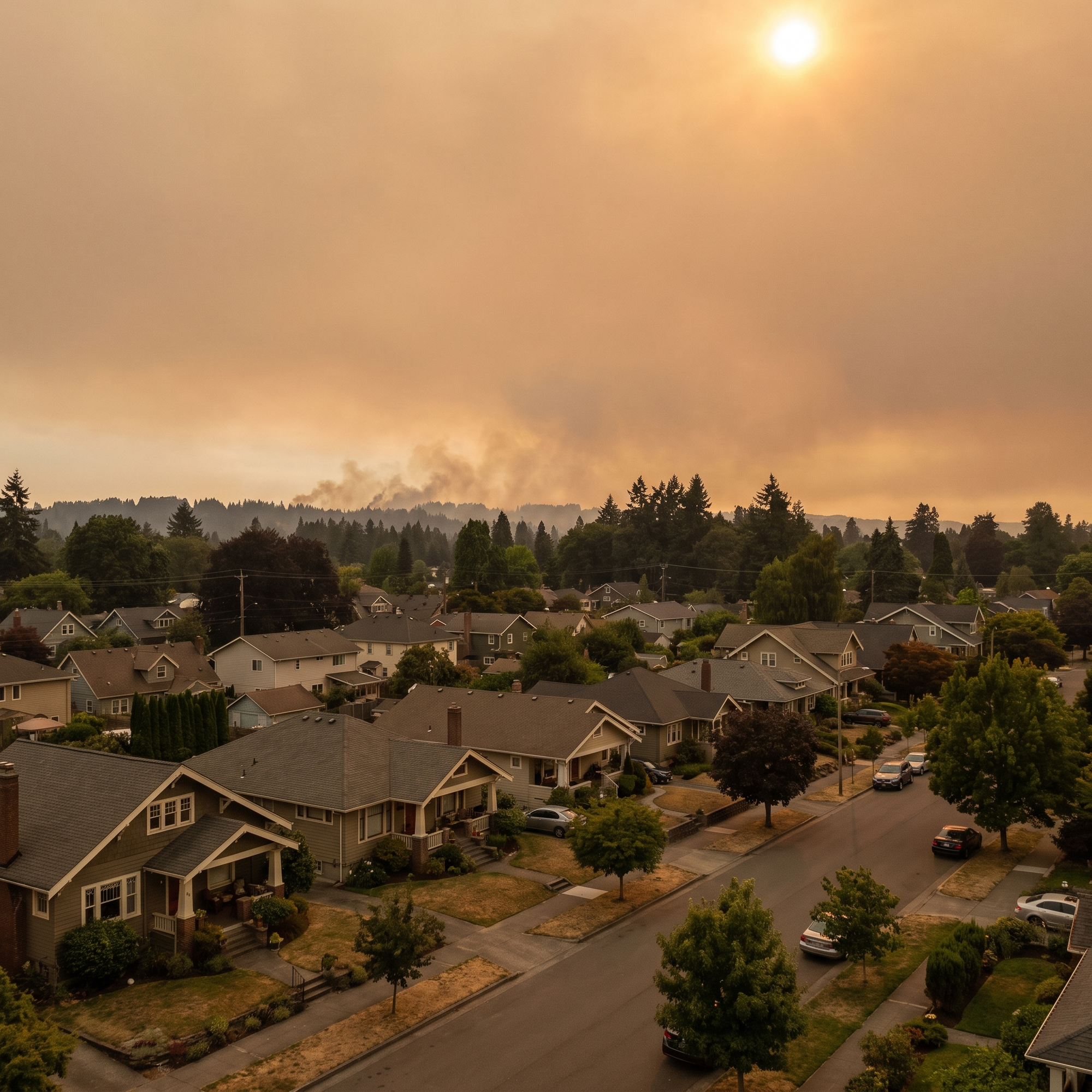 A residential neighborhood under a hazy orange sky with distant wildfire smoke, homes in the foreground