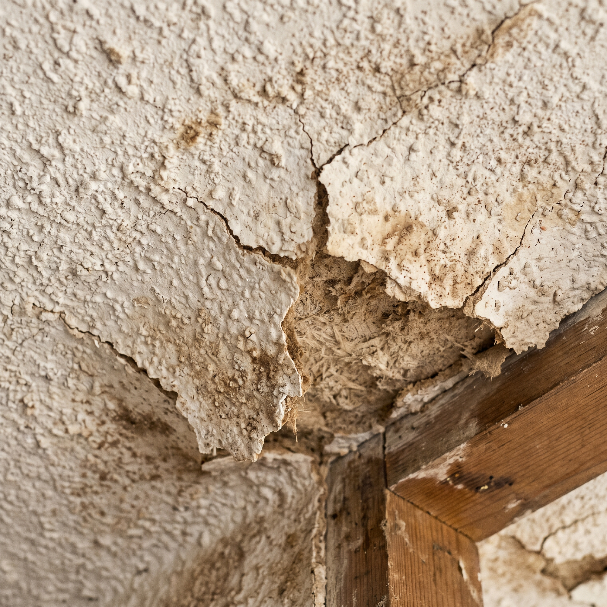A close-up of aged asbestos-containing material such as old floor tile, pipe insulation or popcorn ceiling in an older b