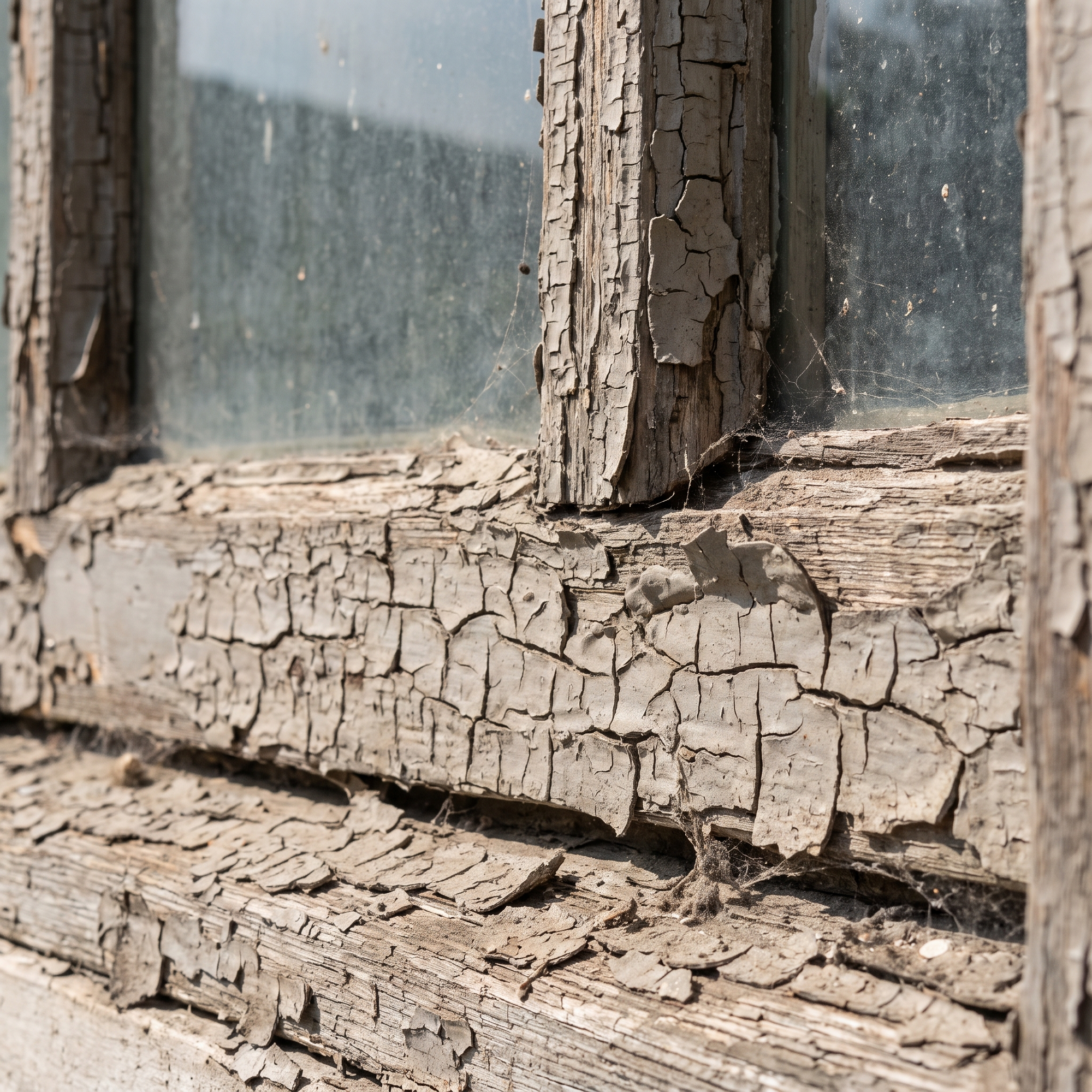 A close-up of cracked, peeling old lead paint alligatoring on a wooden window frame of a vintage home