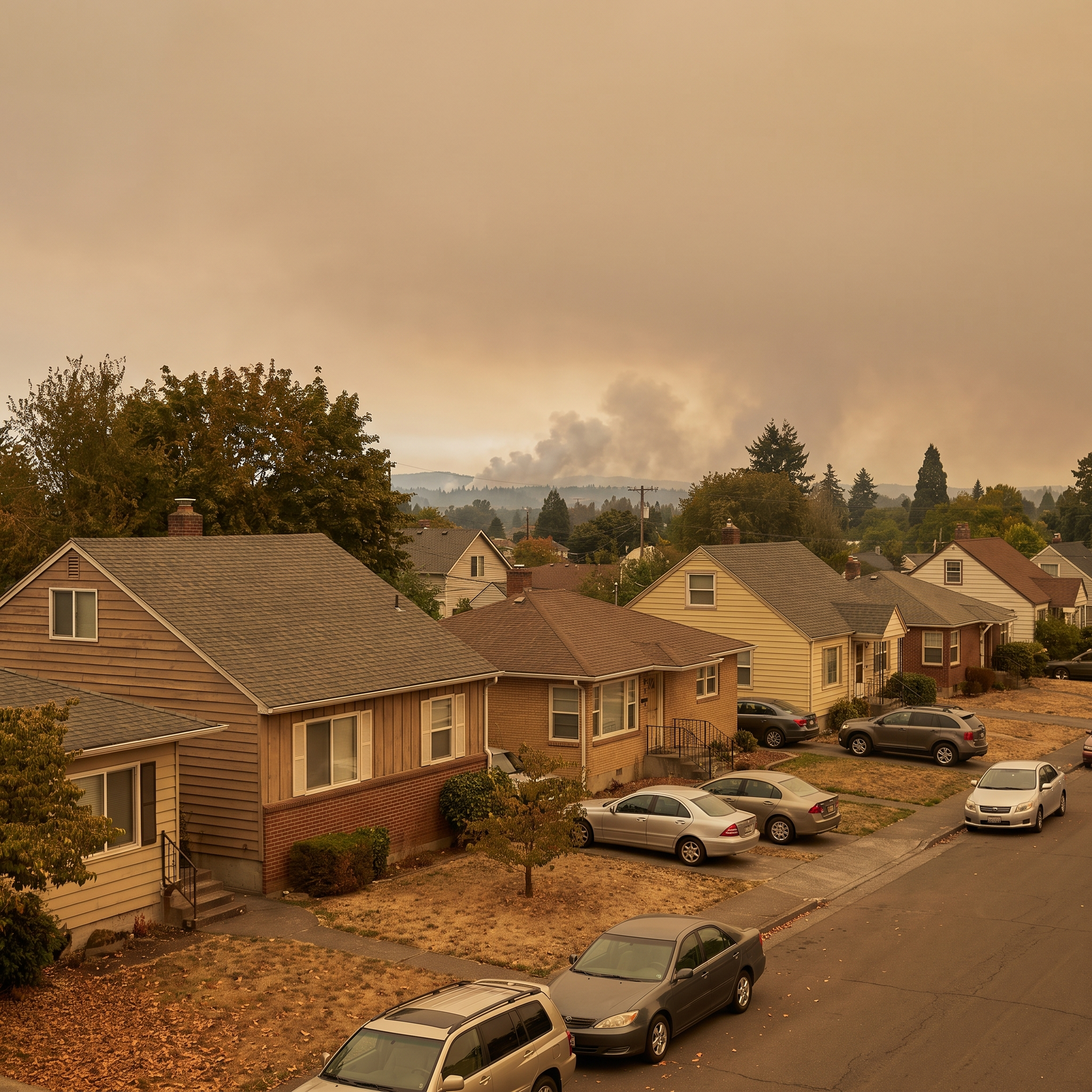 A residential neighborhood under a hazy orange sky with distant wildfire smoke, homes in the foreground