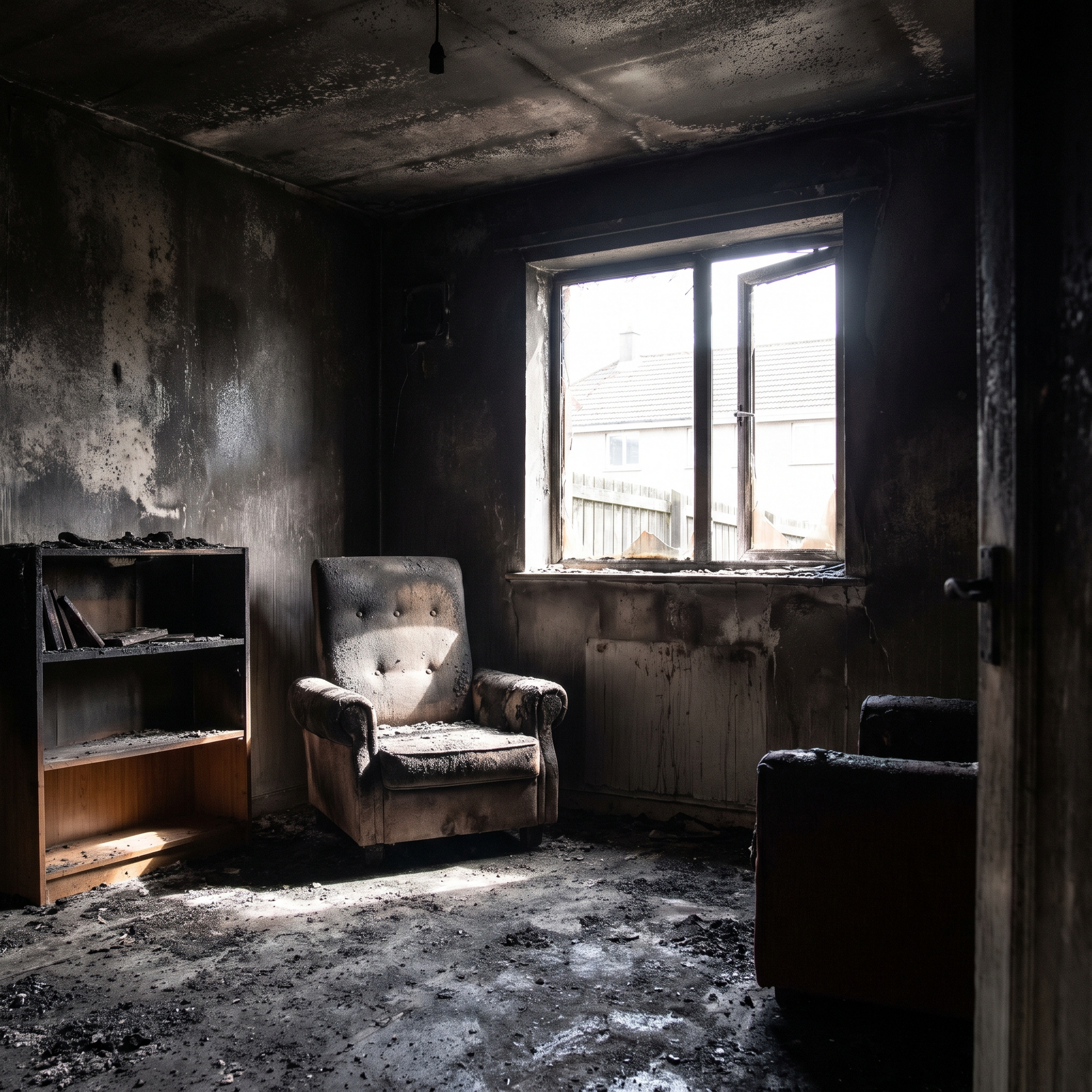 The interior of a home coated in black soot and smoke residue after a house fire, darkened walls and ceiling