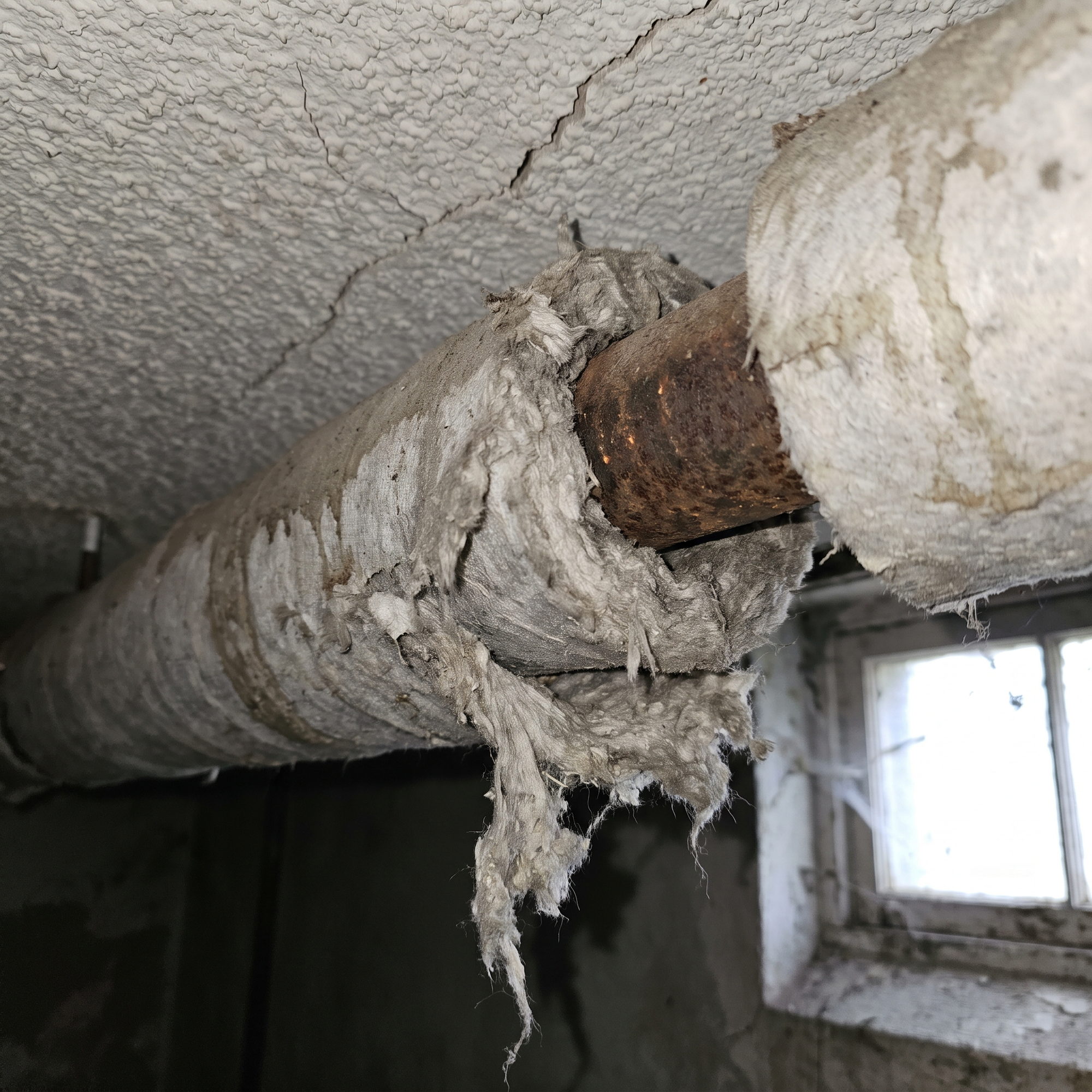 A close-up of aged asbestos-containing material such as old floor tile, pipe insulation or popcorn ceiling in an older b
