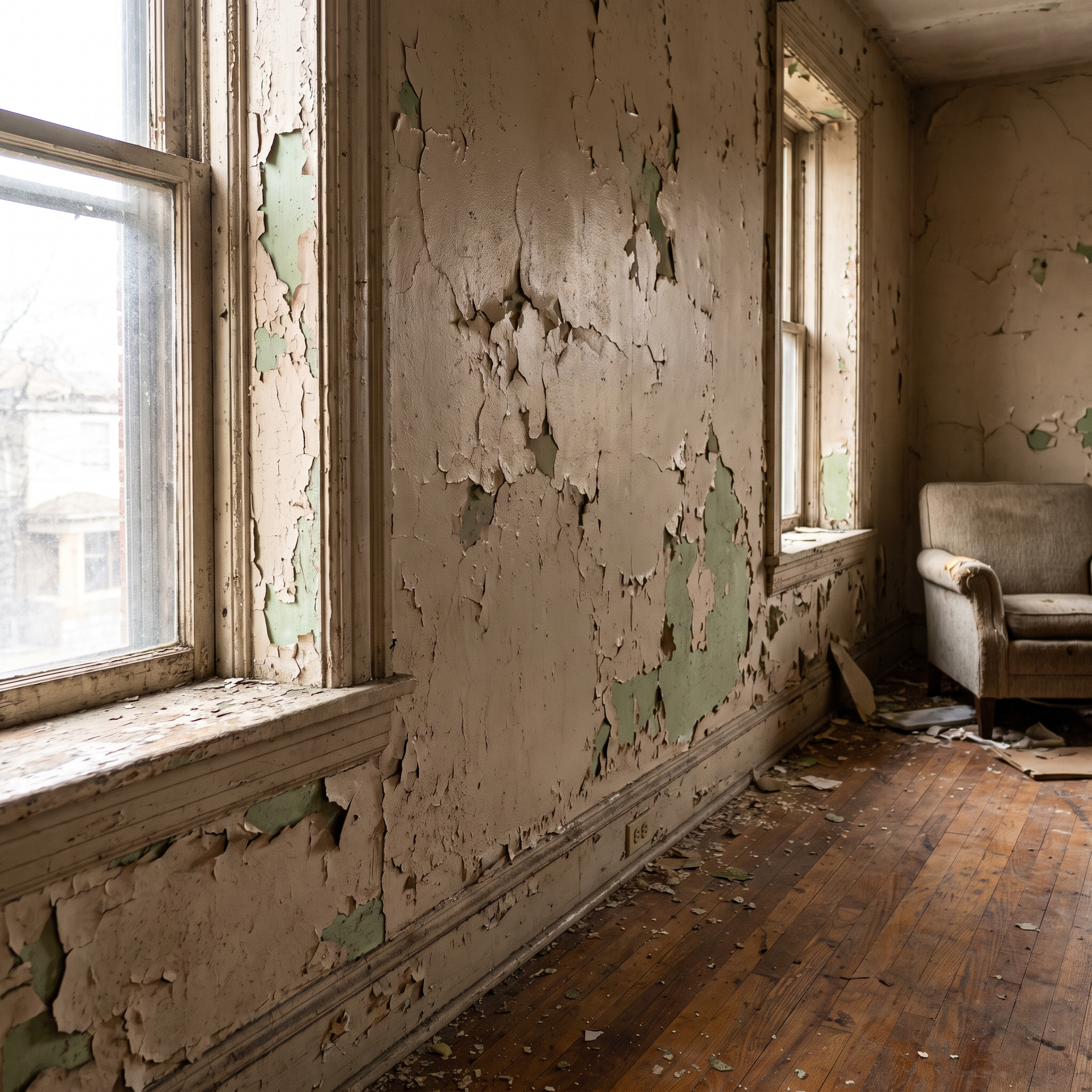 Peeling and chipping old paint on the interior wall and trim of an aging residential home
