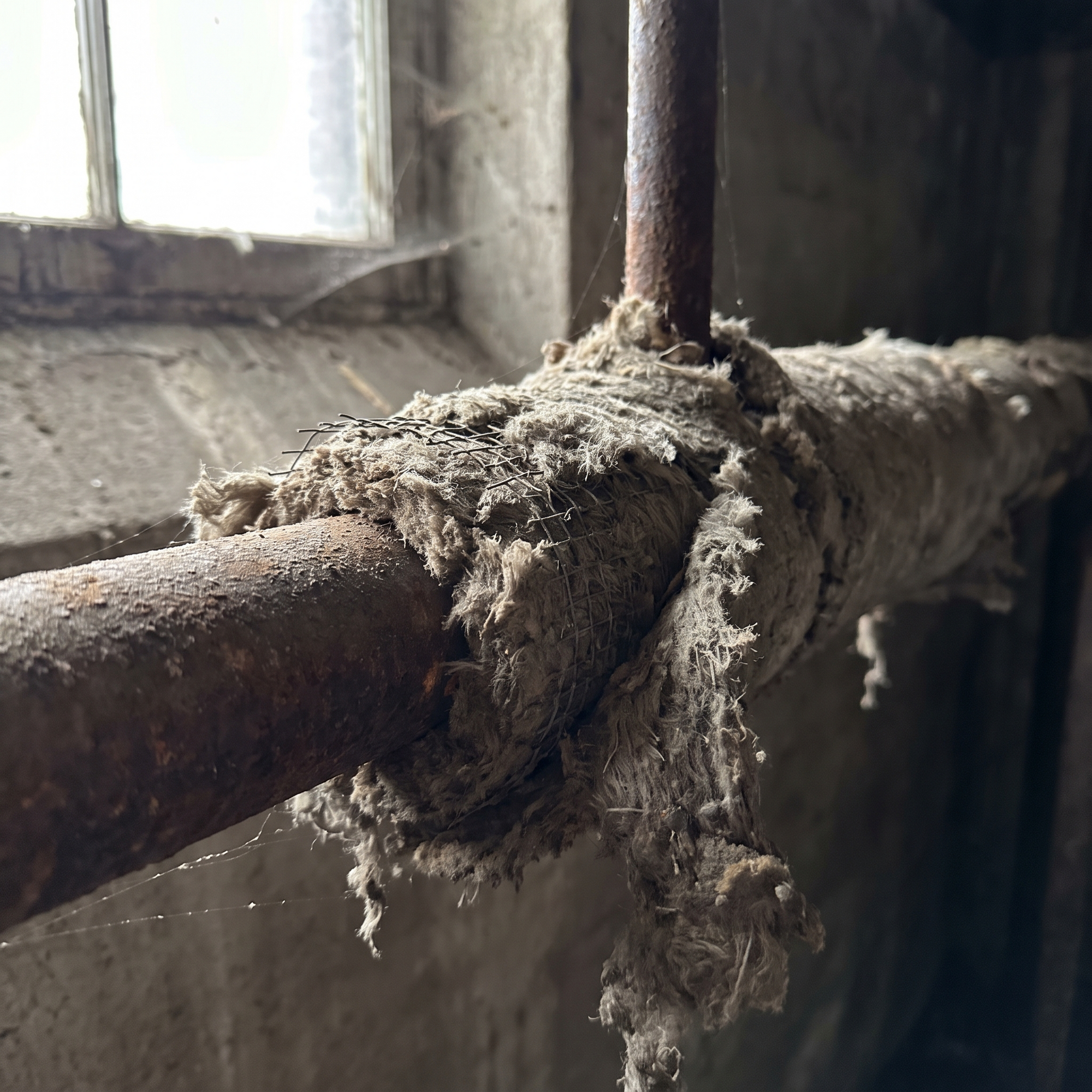 A close-up of aged asbestos-containing material such as old floor tile, pipe insulation or popcorn ceiling in an older b