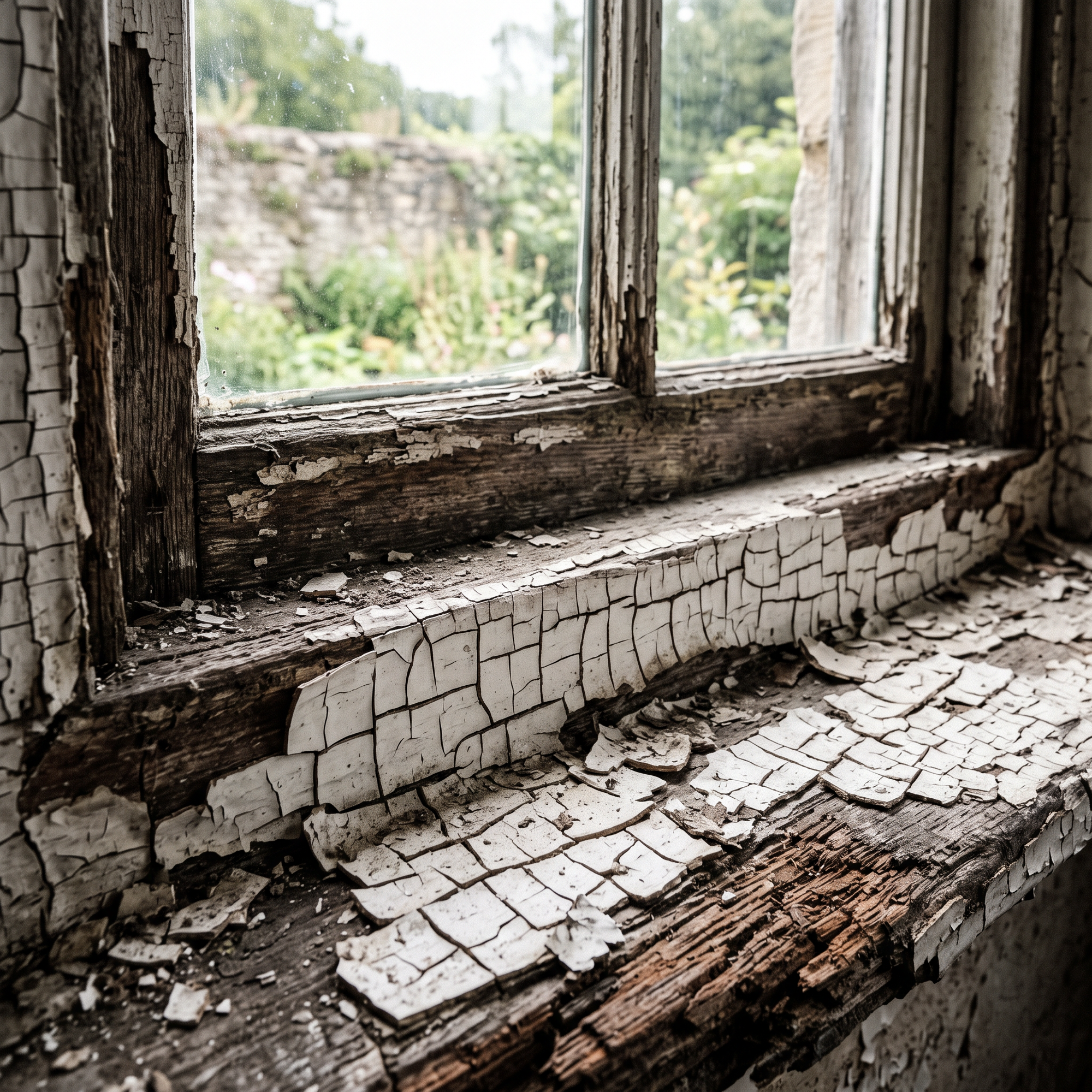 A close-up of cracked, peeling old lead paint alligatoring on a wooden window frame of a vintage home