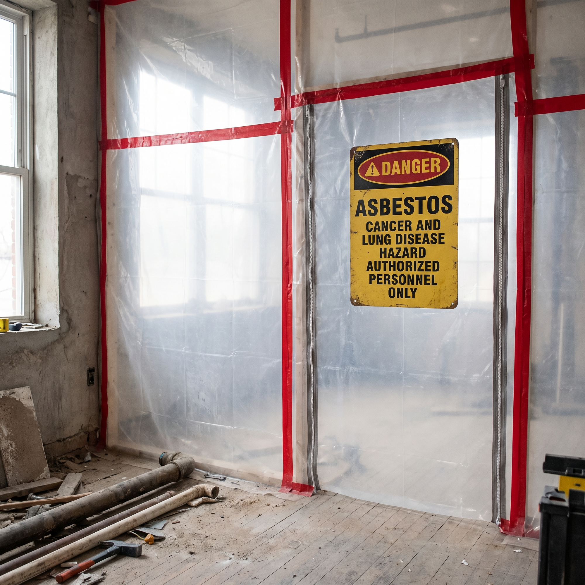 An asbestos abatement containment work area sealed with plastic sheeting and a hazard warning sign inside a building und