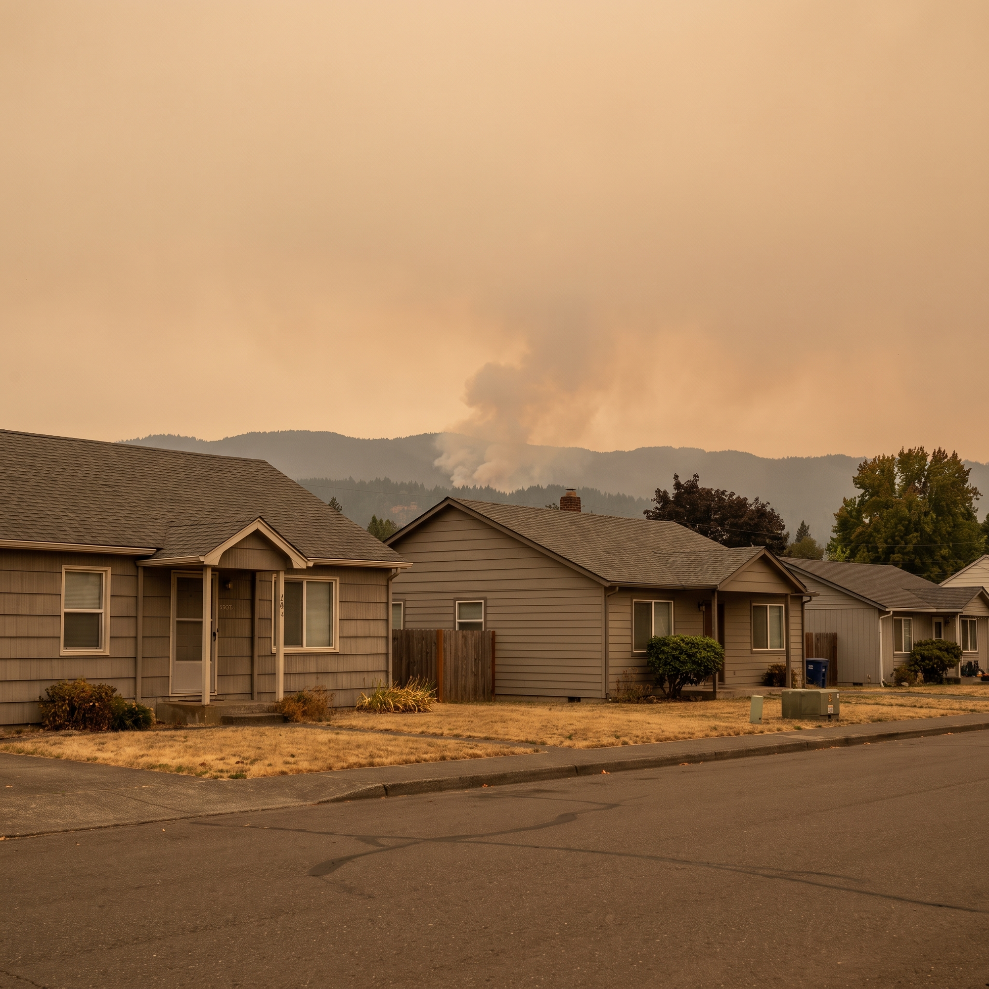 A residential neighborhood under a hazy orange sky with distant wildfire smoke, homes in the foreground