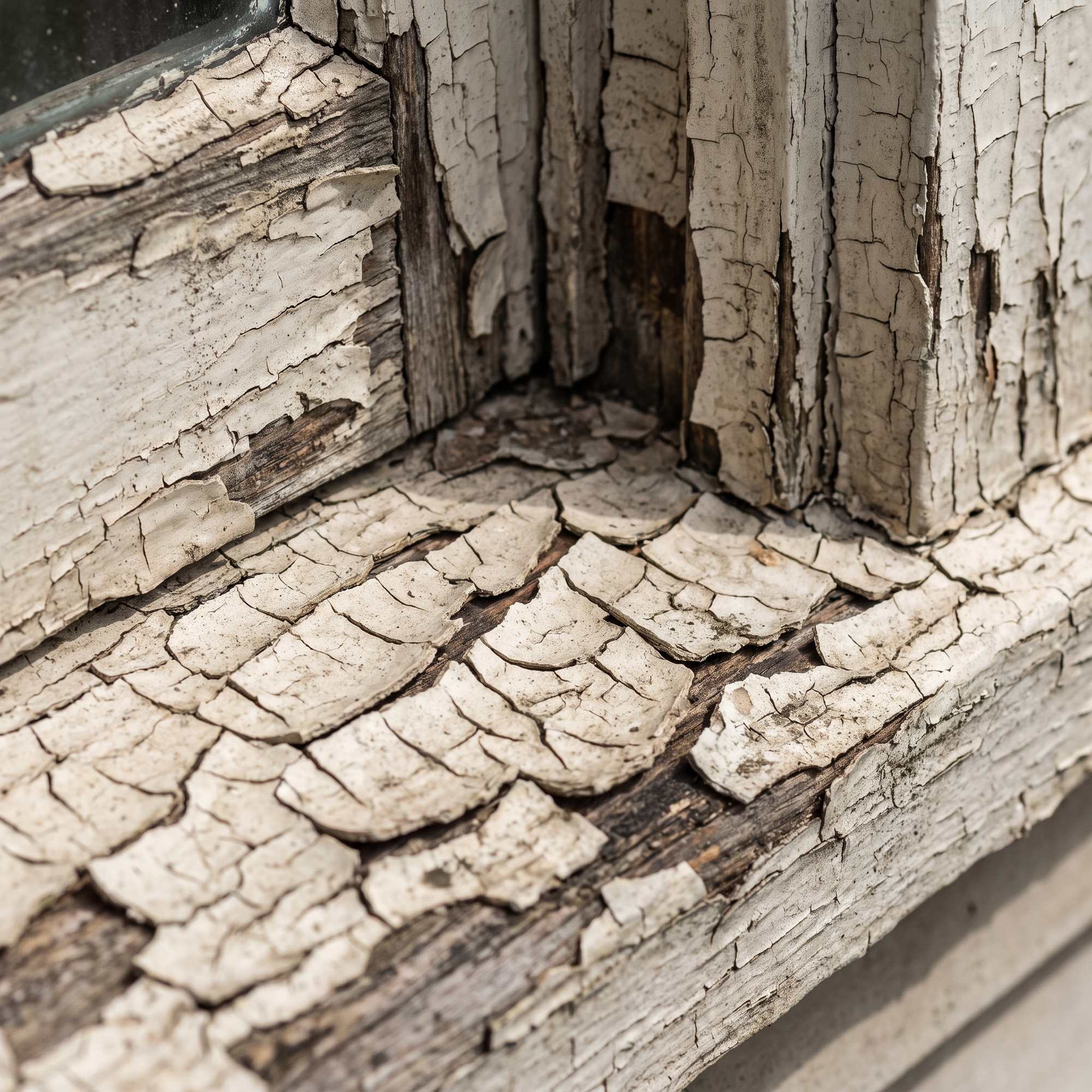 A close-up of cracked, peeling old lead paint alligatoring on a wooden window frame of a vintage home