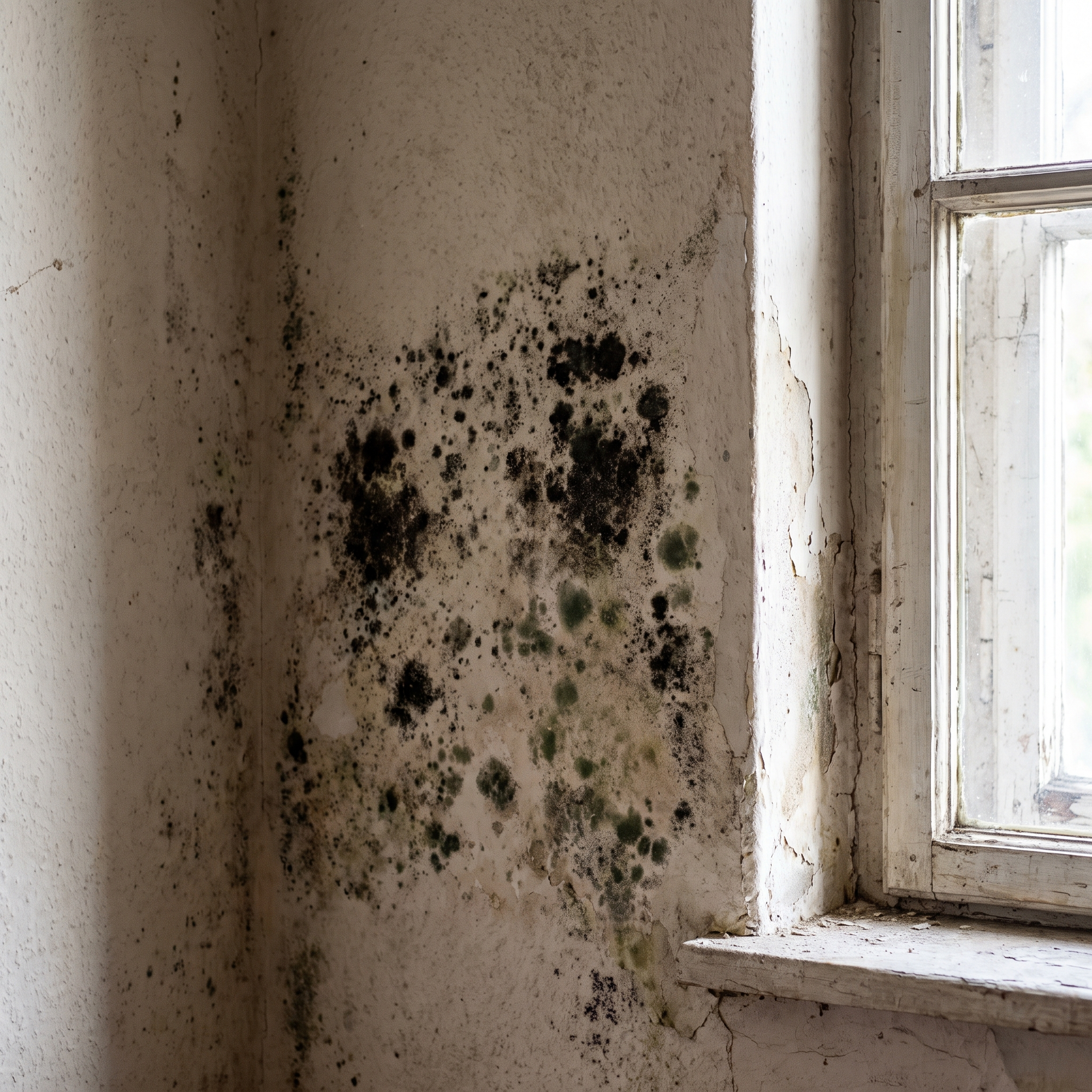 A close-up of black and green mold spreading across the interior drywall of a home, near a window frame