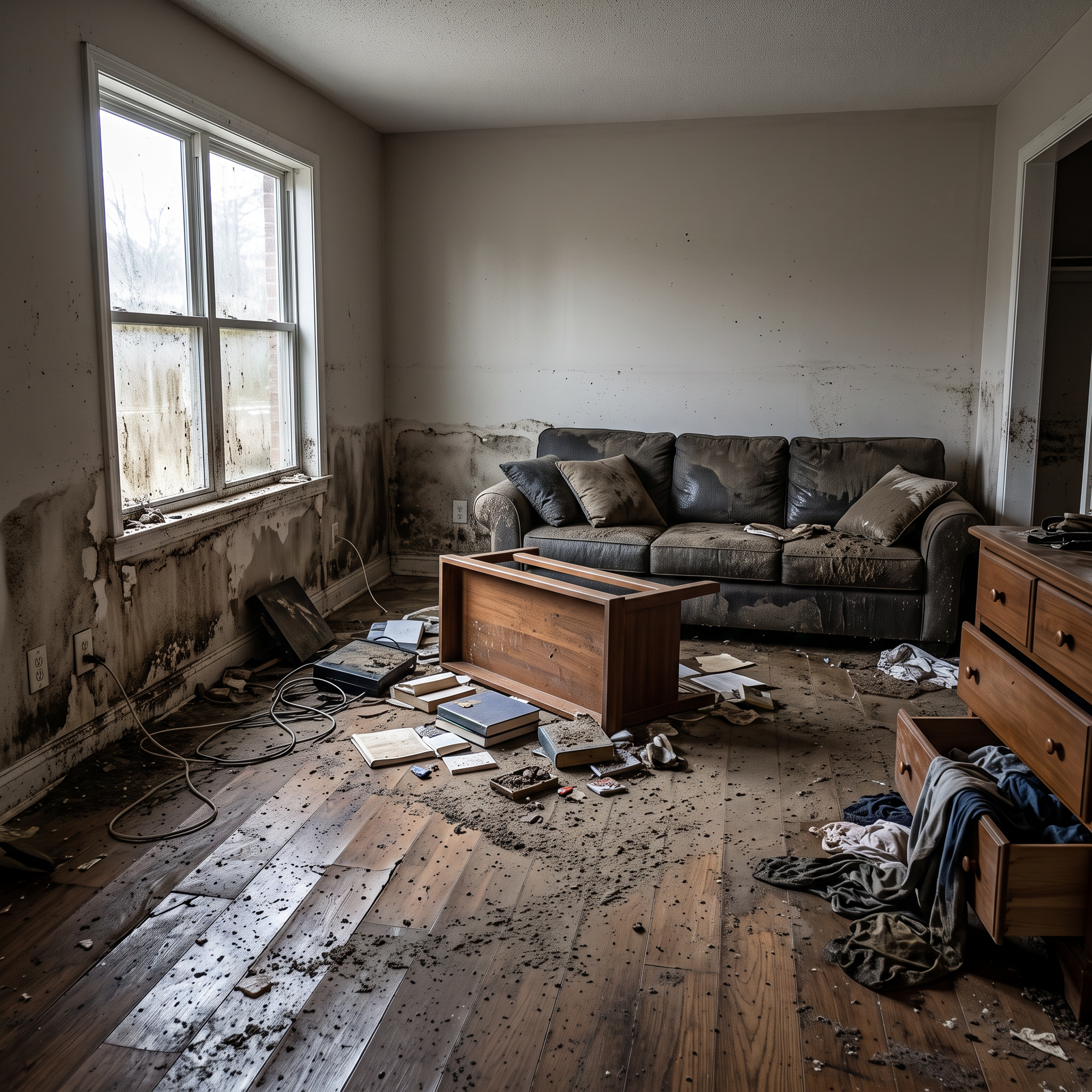 The interior of a home damaged by storm or hurricane flooding, water-soaked walls, warped flooring and debris, photograp