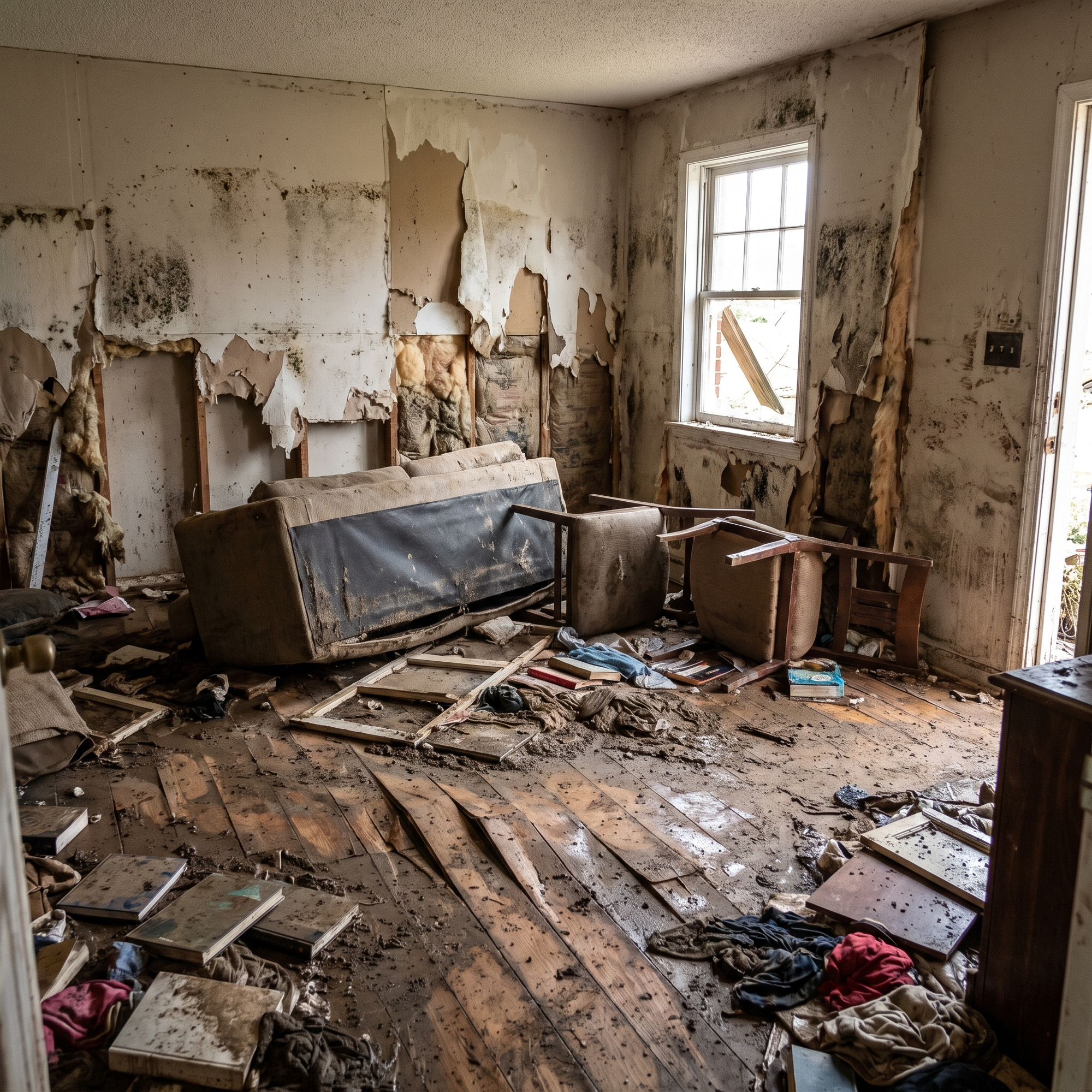The interior of a home damaged by storm or hurricane flooding, water-soaked walls, warped flooring and debris, photograp