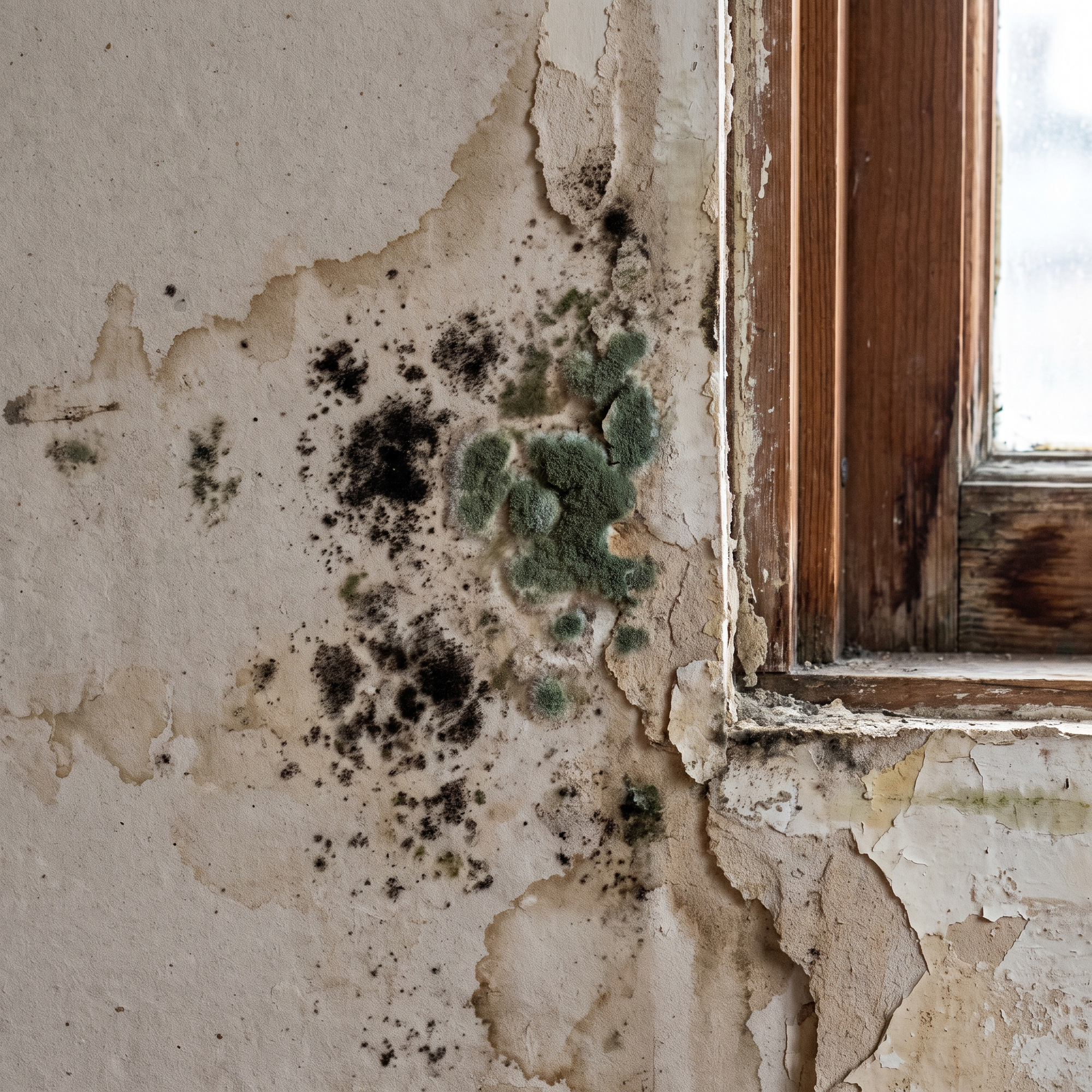 A close-up of black and green mold spreading across the interior drywall of a home, near a window frame
