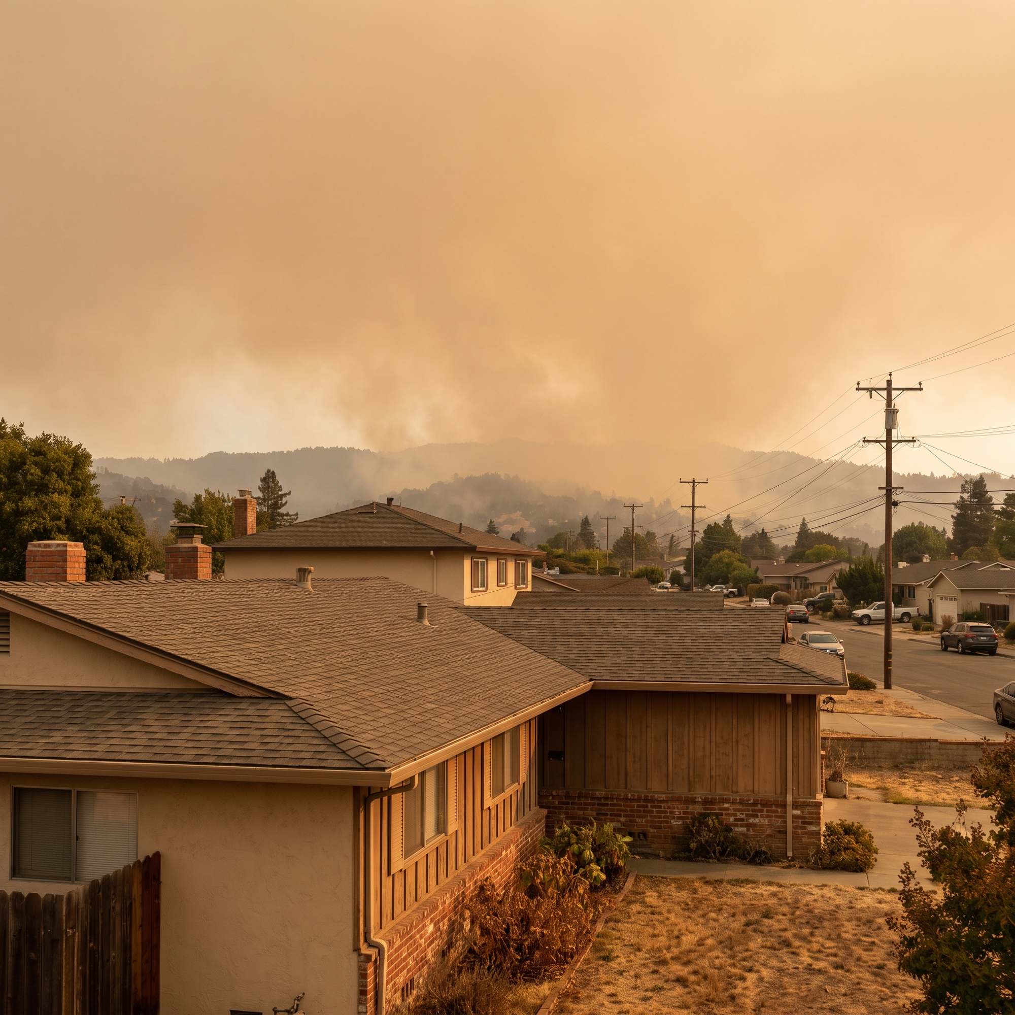 A residential neighborhood under a hazy orange sky with distant wildfire smoke, homes in the foreground
