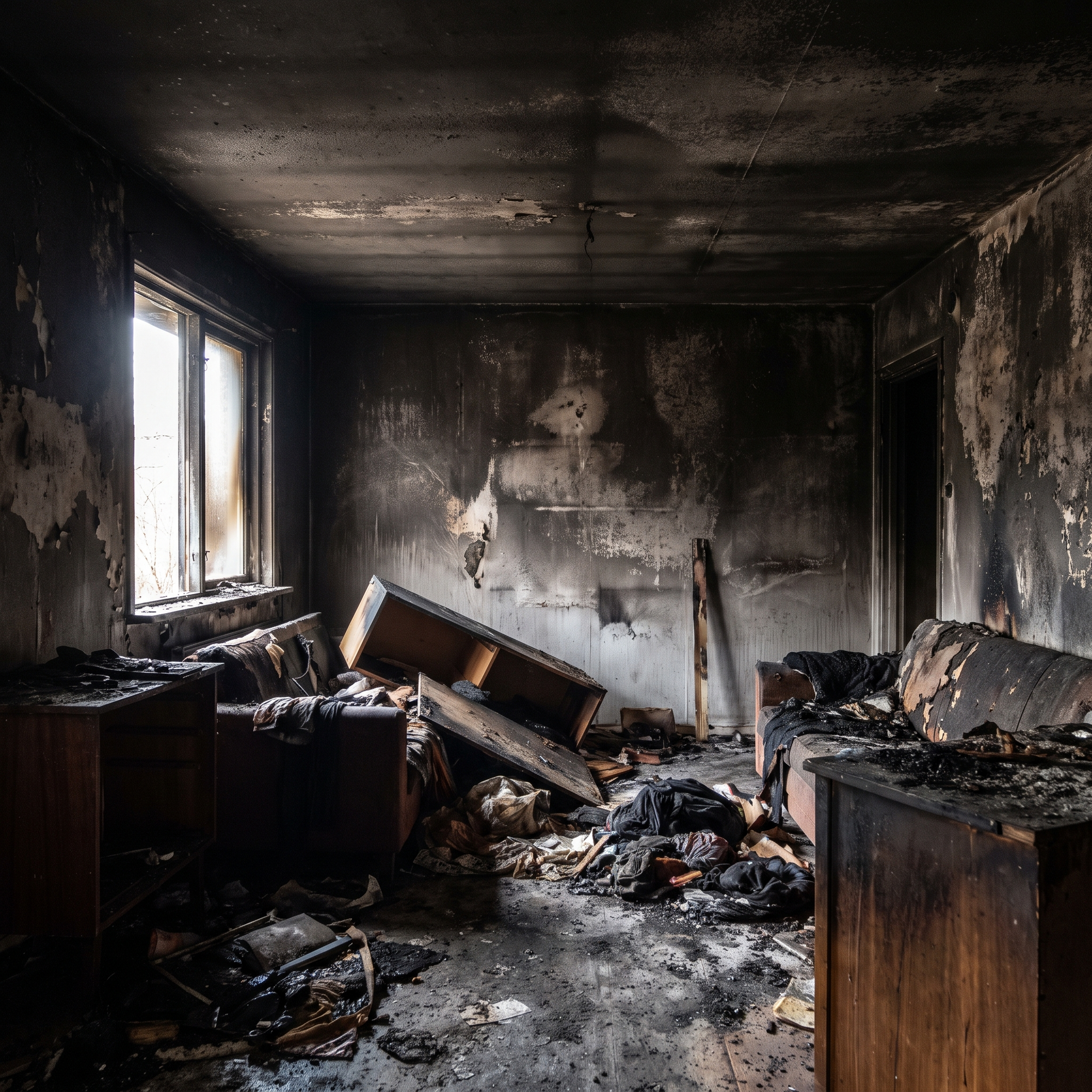 The interior of a home coated in black soot and smoke residue after a house fire, darkened walls and ceiling