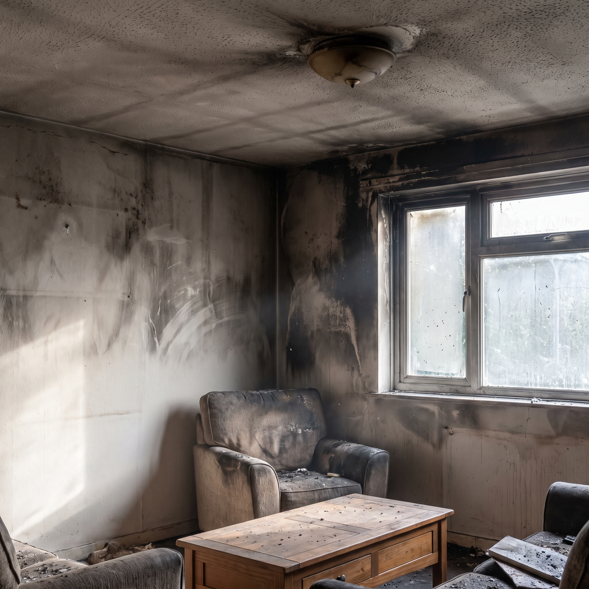 Soot and smoke residue staining the walls and ceiling of a home interior after a fire