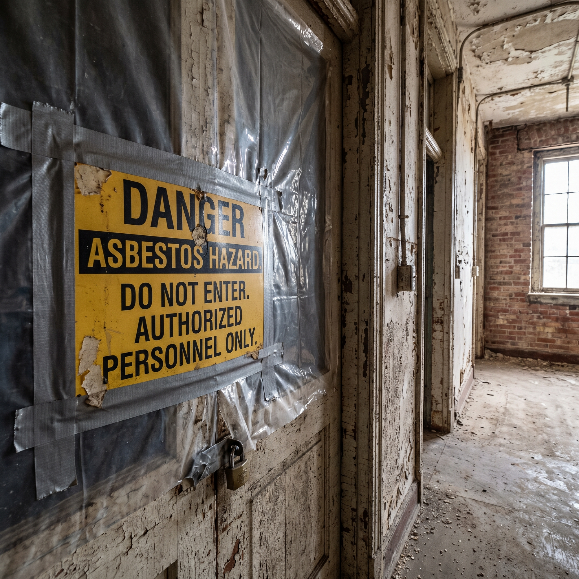 A yellow asbestos hazard warning sign taped across a sealed doorway in an older building