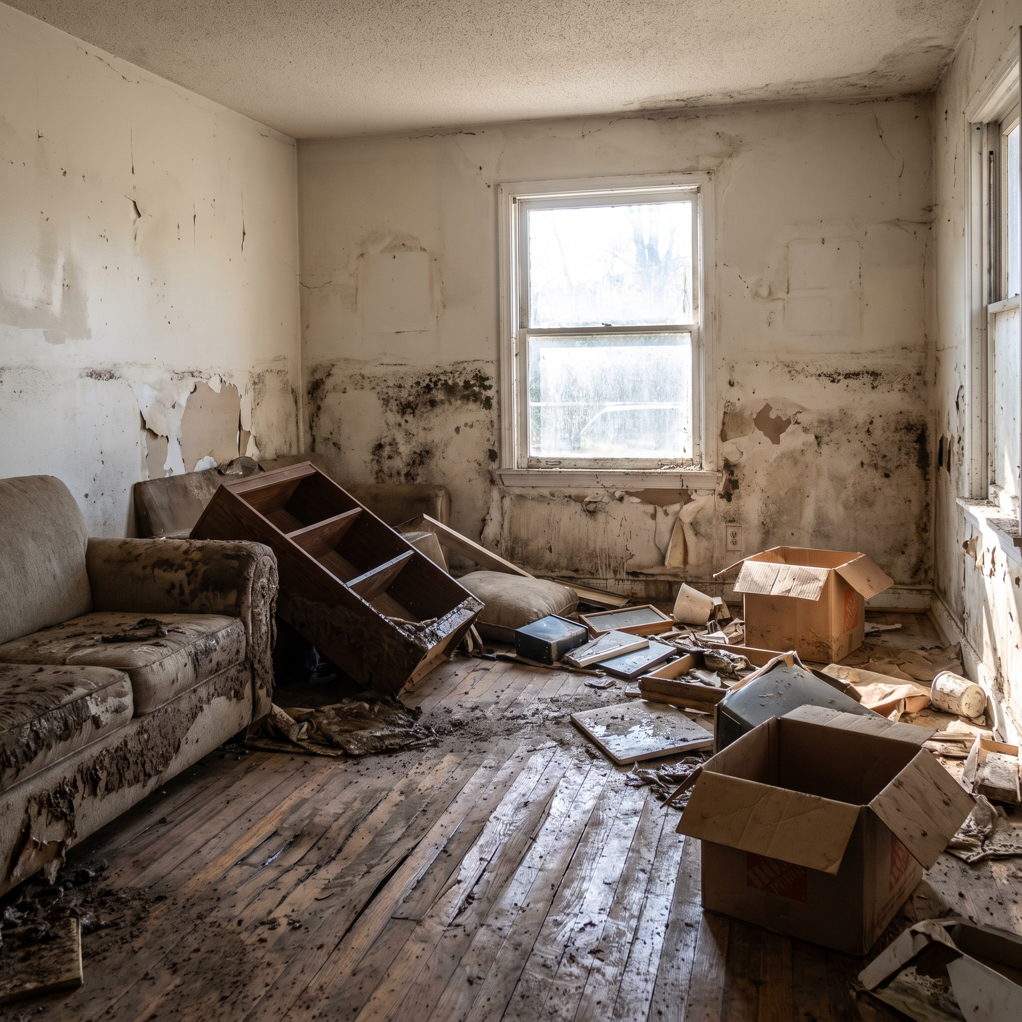 The interior of a home damaged by storm or hurricane flooding, water-soaked walls, warped flooring and debris, photograp