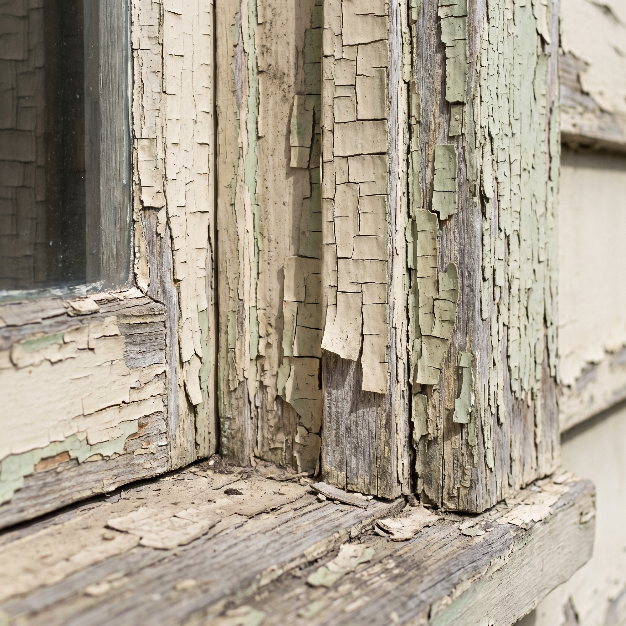 A close-up of cracked, peeling old lead paint alligatoring on a wooden window frame of a vintage home
